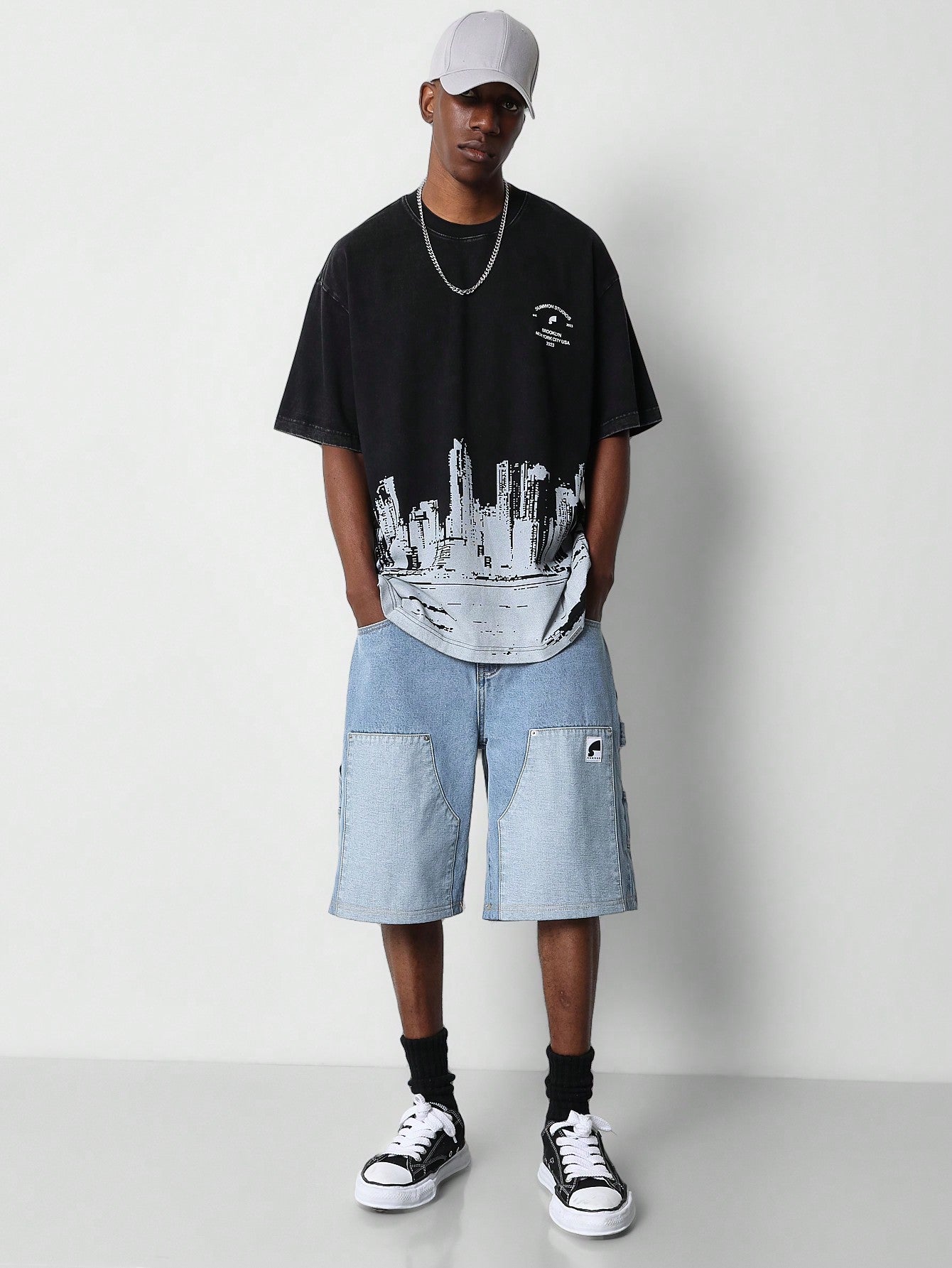 Regular Fit Short Sleeve Washed Tee With Skyline Print