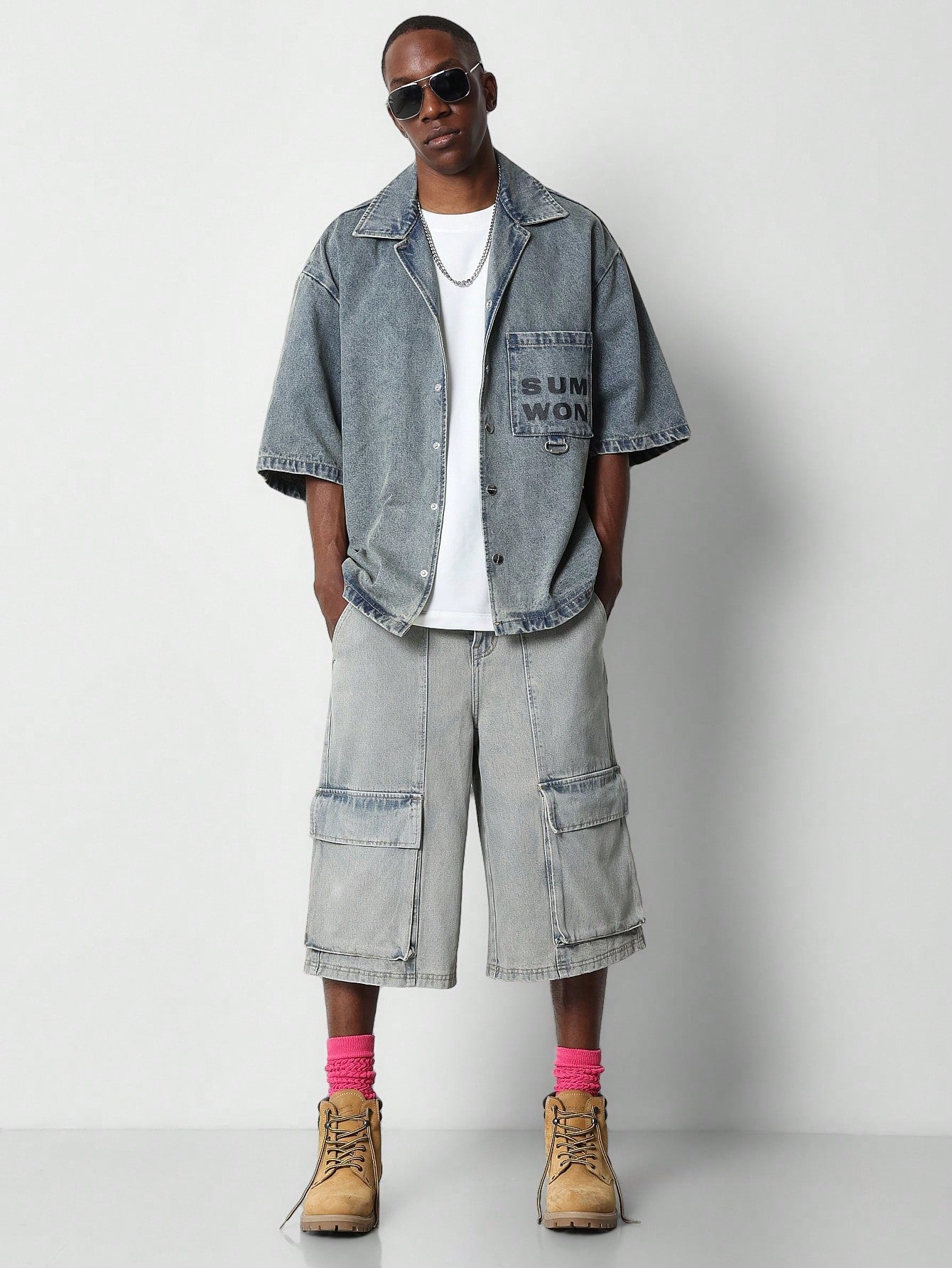 Washed Denim Bermuda Short With Cargo Pockets