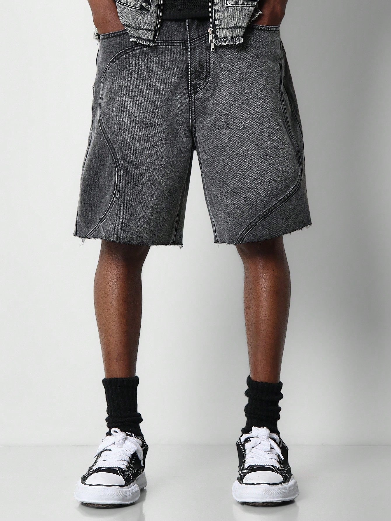 Denim Raw Edge Short With Curved Panels