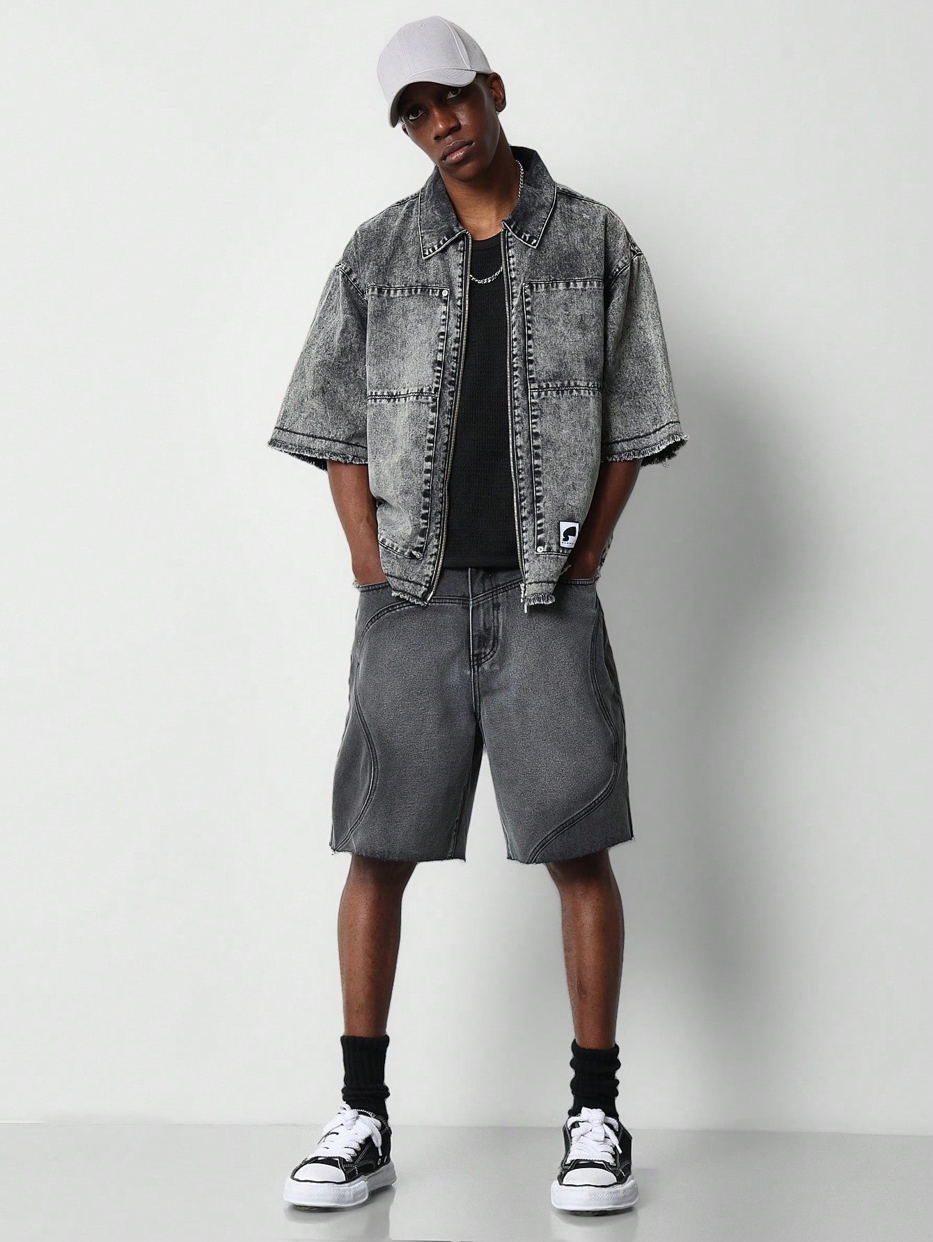 Denim Raw Edge Short With Curved Panels