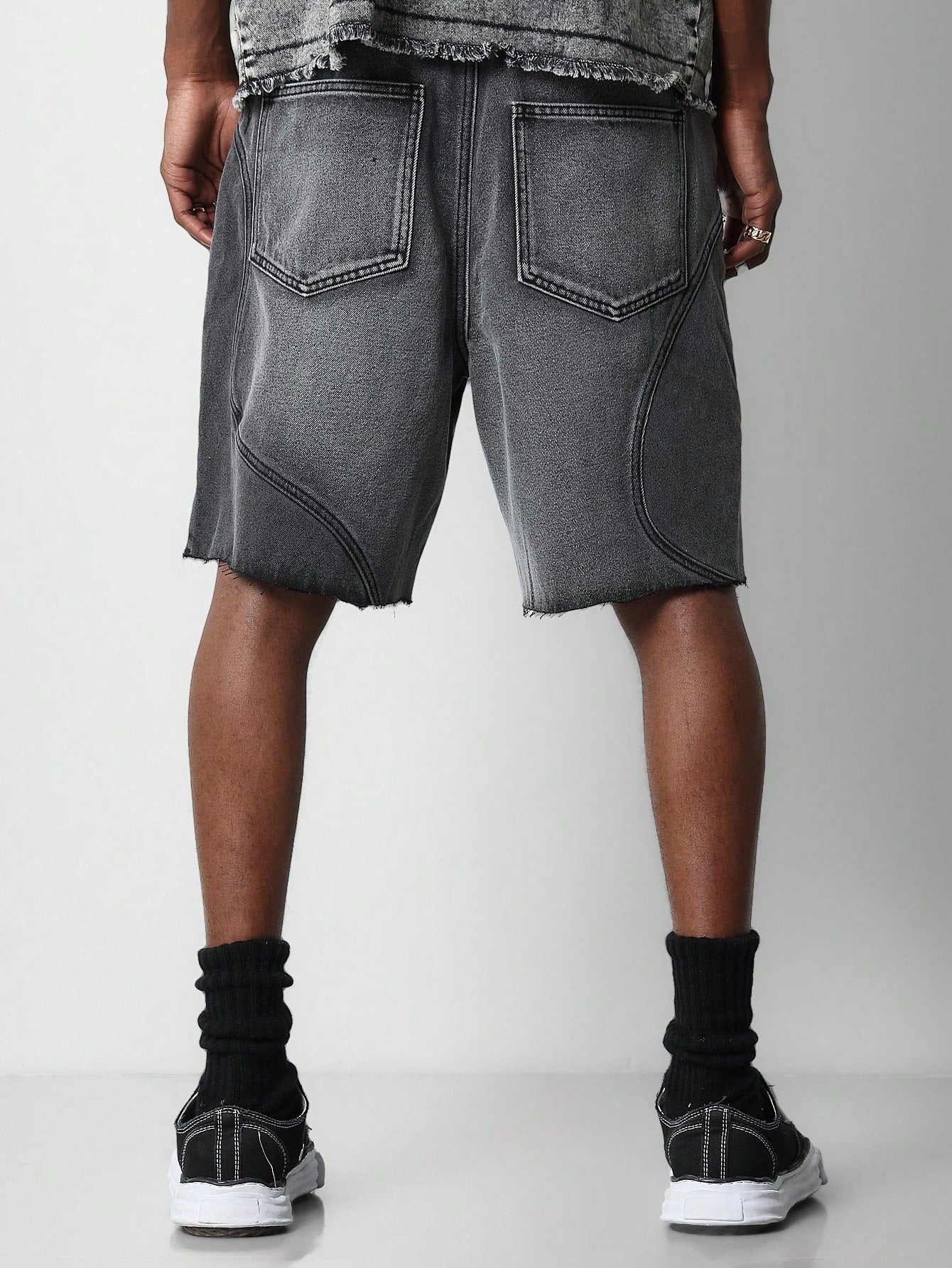 Denim Raw Edge Short With Curved Panels