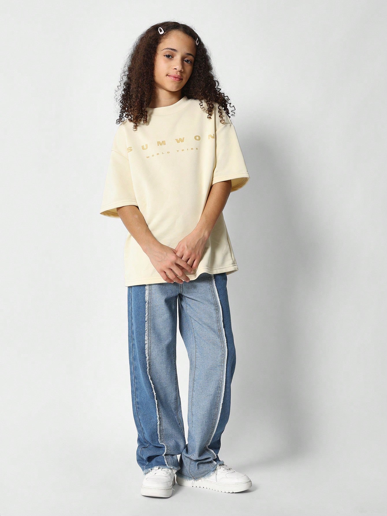 Tween Girls Baggy Fit Contrast Panel Raw Edge Jean