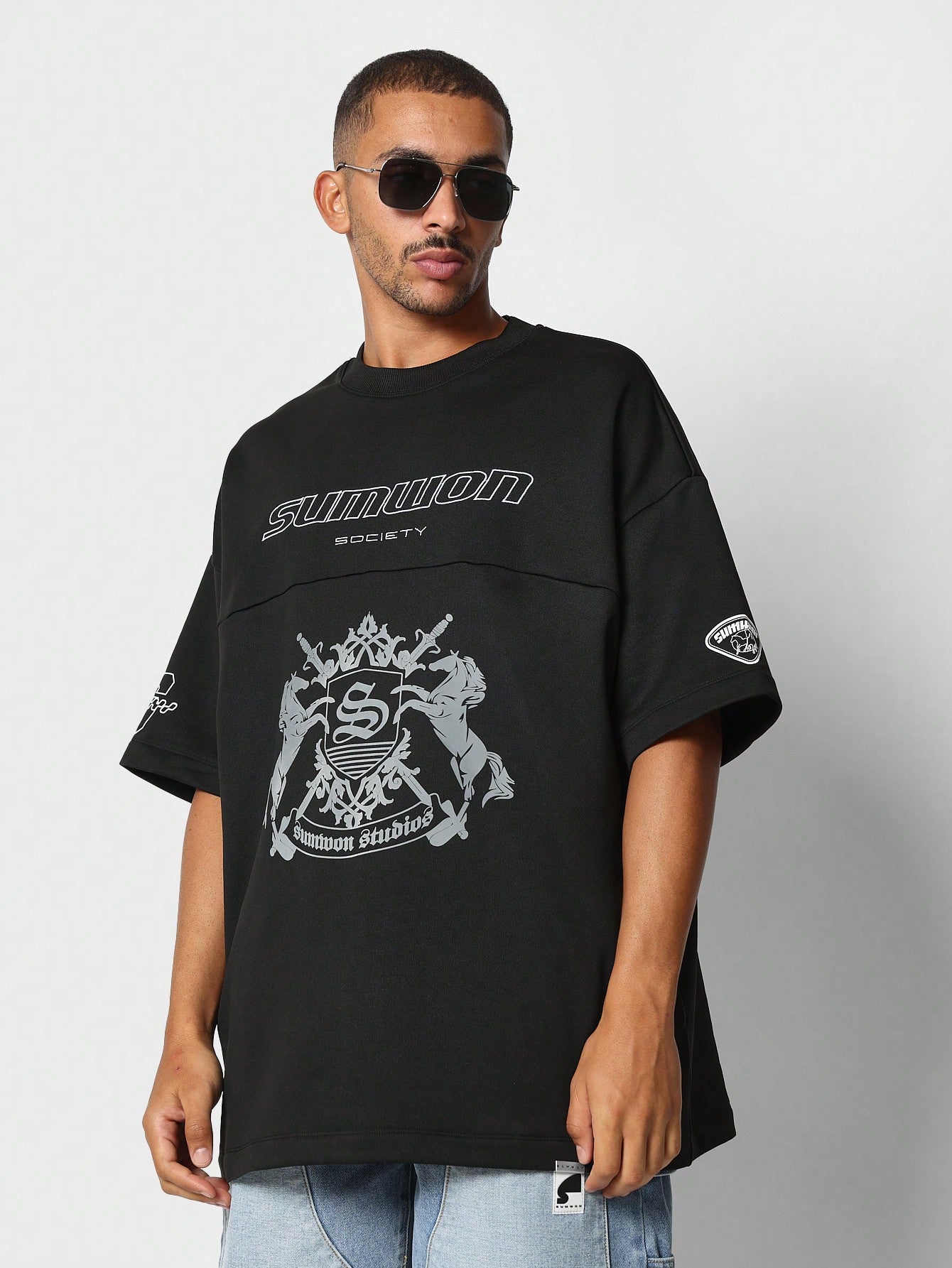 Oversized Fit Multi Panel Tee With Crested Horse & Letter Graphic Print