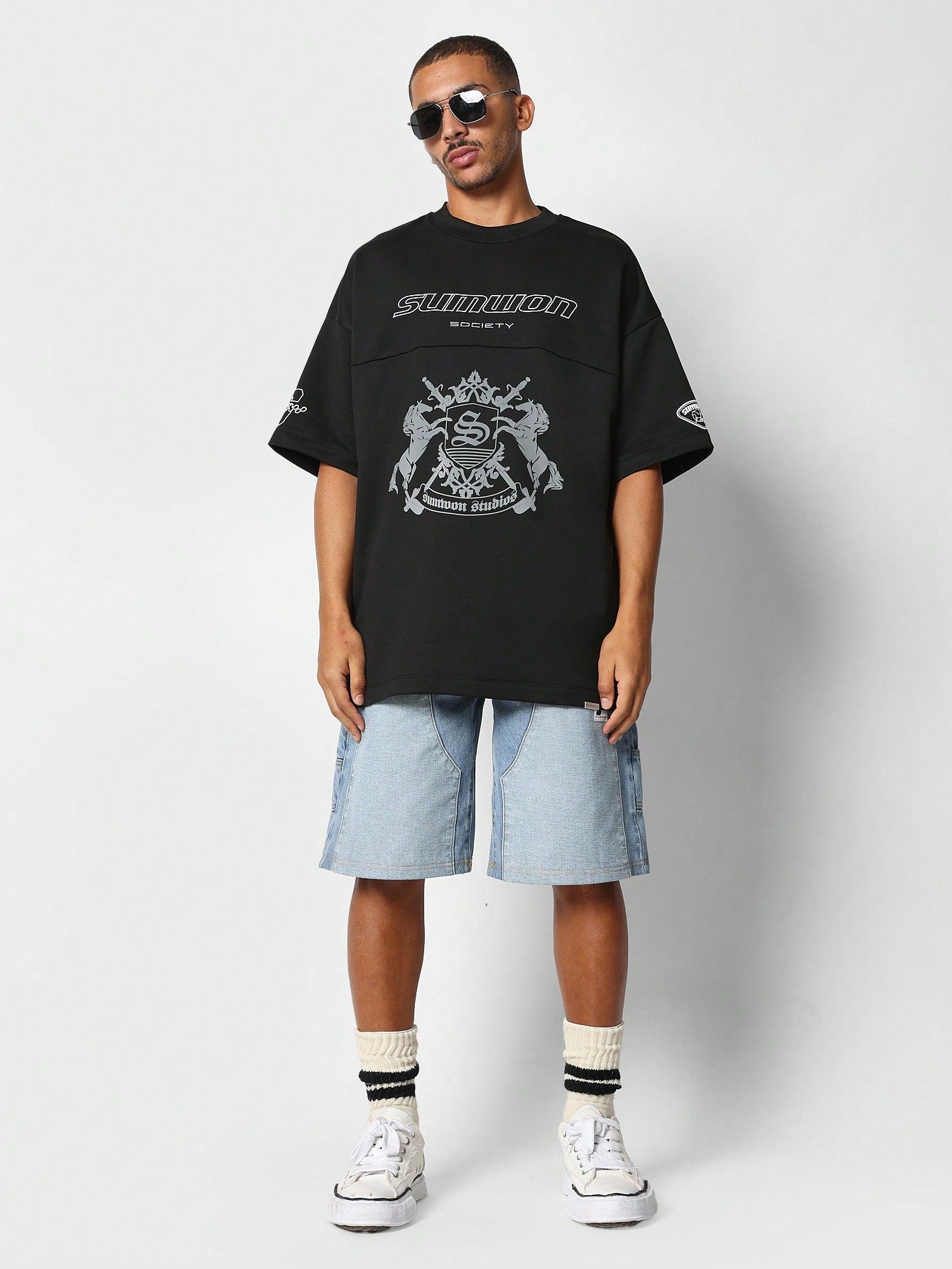 Oversized Fit Multi Panel Tee With Crested Horse & Letter Graphic Print