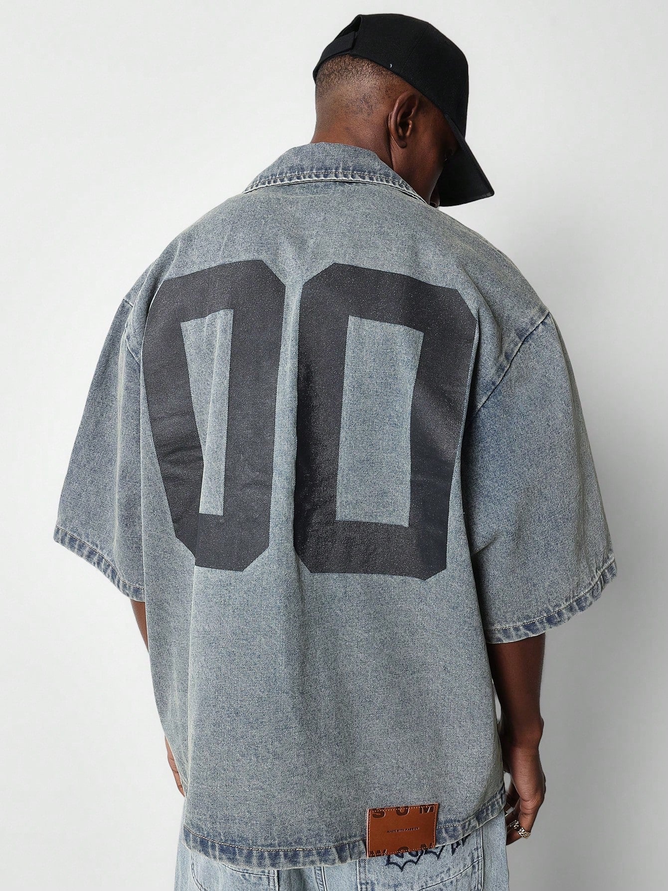 Boxy Fit Denim Shirt With Back Number Graphic Print