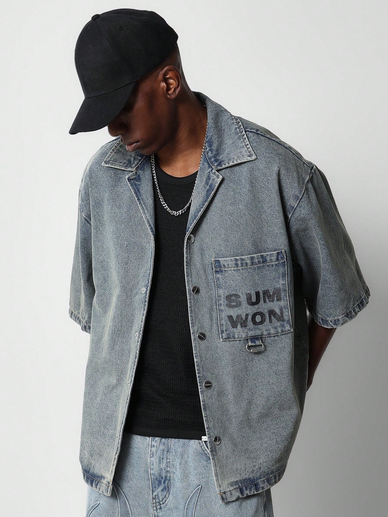 Boxy Fit Denim Shirt With Back Number Graphic Print