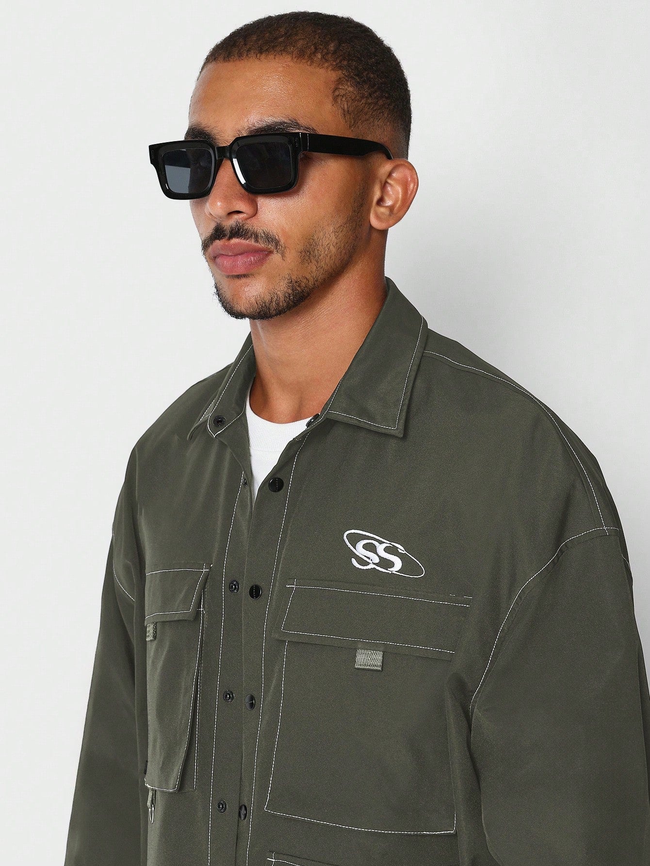 Crop Fit Nylon Button Through Utility Shirt With Contrast Stitching Detail