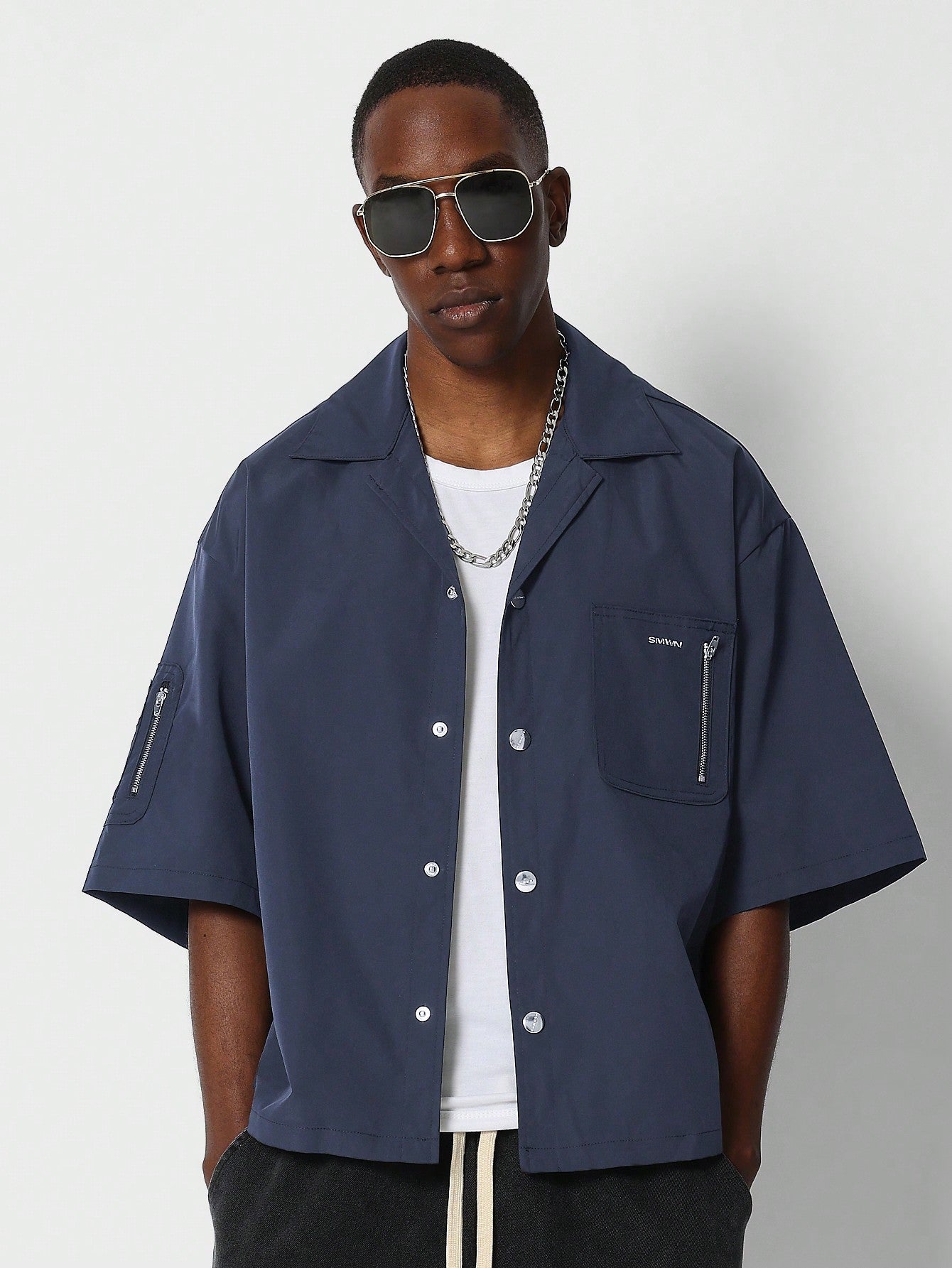 Boxy Fit Revere Collar Nylon Shirt With Pocket Zip