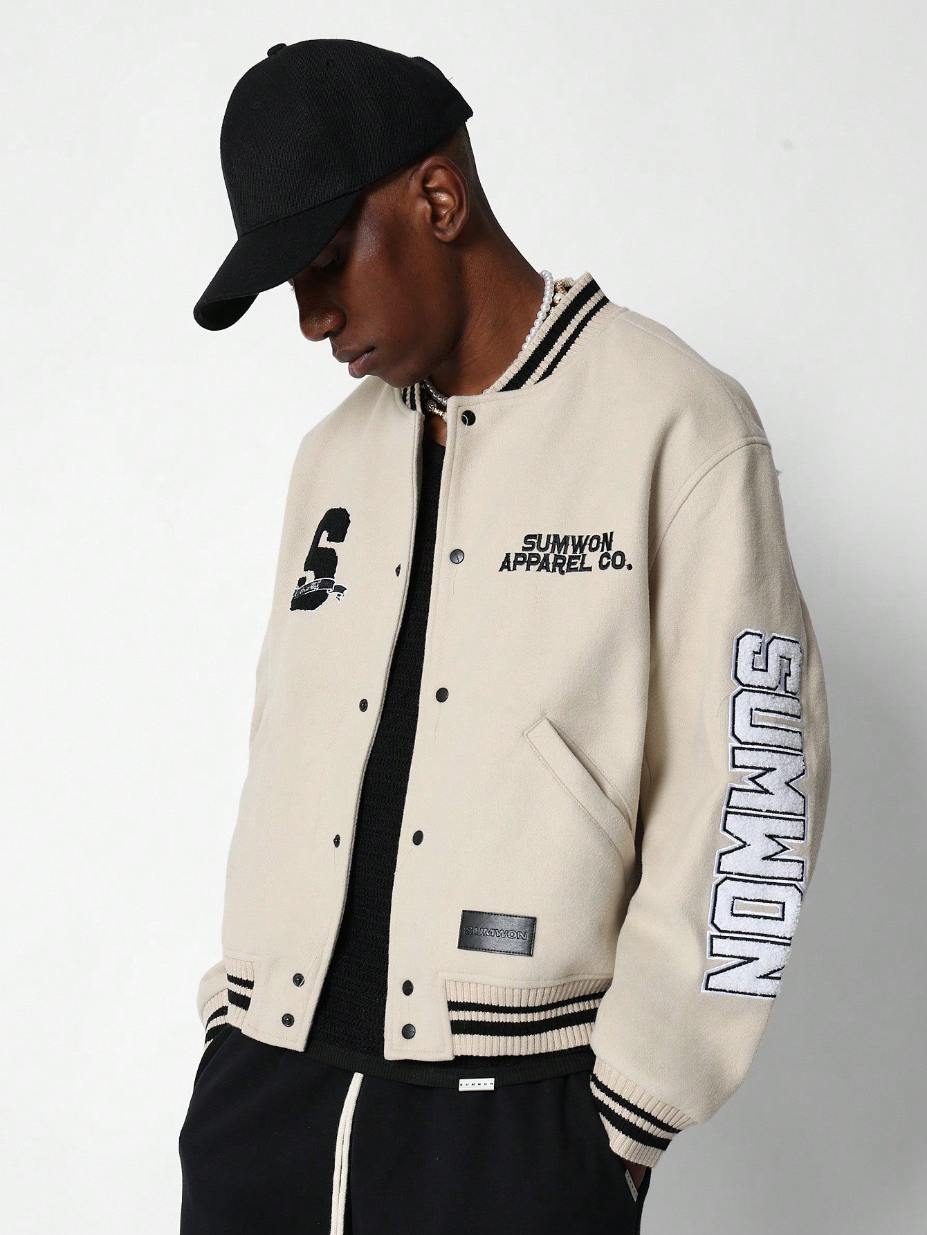 Varsity Jacket With Stripe Contrast Collar, Sleeve & Hem And Embroidery & Applique Design