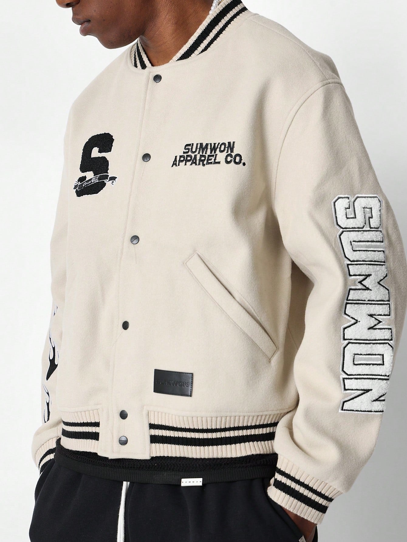 Varsity Jacket With Stripe Contrast Collar, Sleeve & Hem And Embroidery & Applique Design