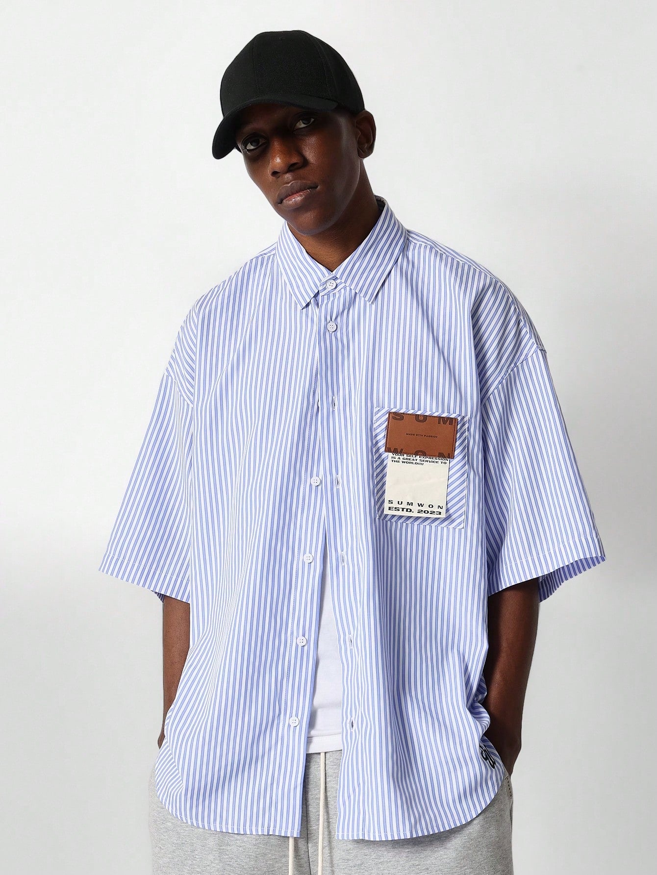 Oversized Fit Pinstripe Poplin Shirt With Badge Pocket