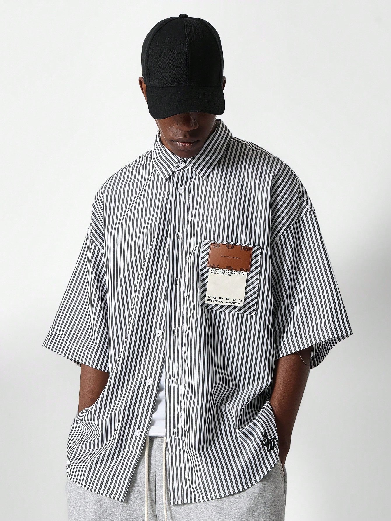 Oversized Fit Pinstripe Poplin Shirt With Badge Pocket