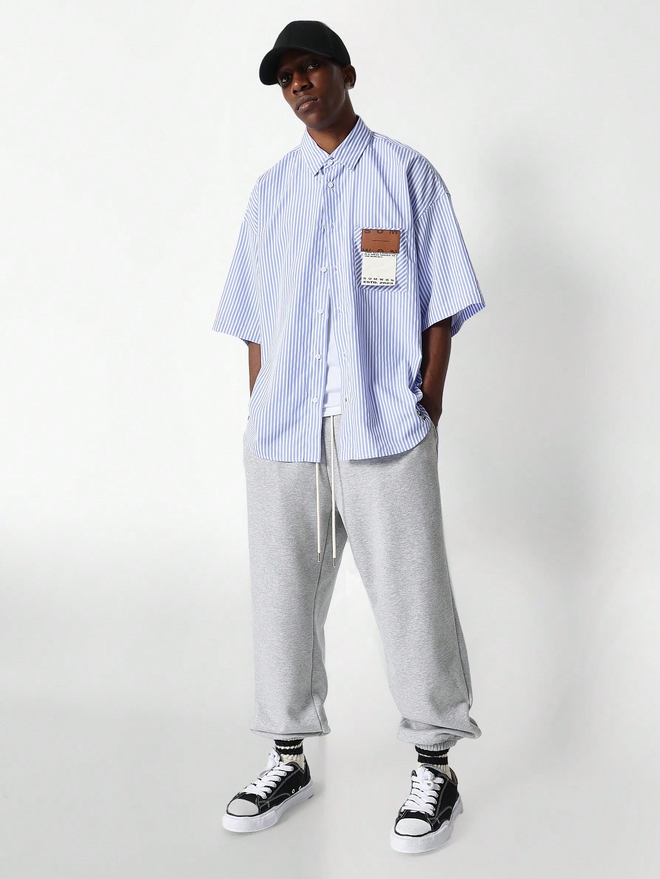 Oversized Fit Pinstripe Poplin Shirt With Badge Pocket