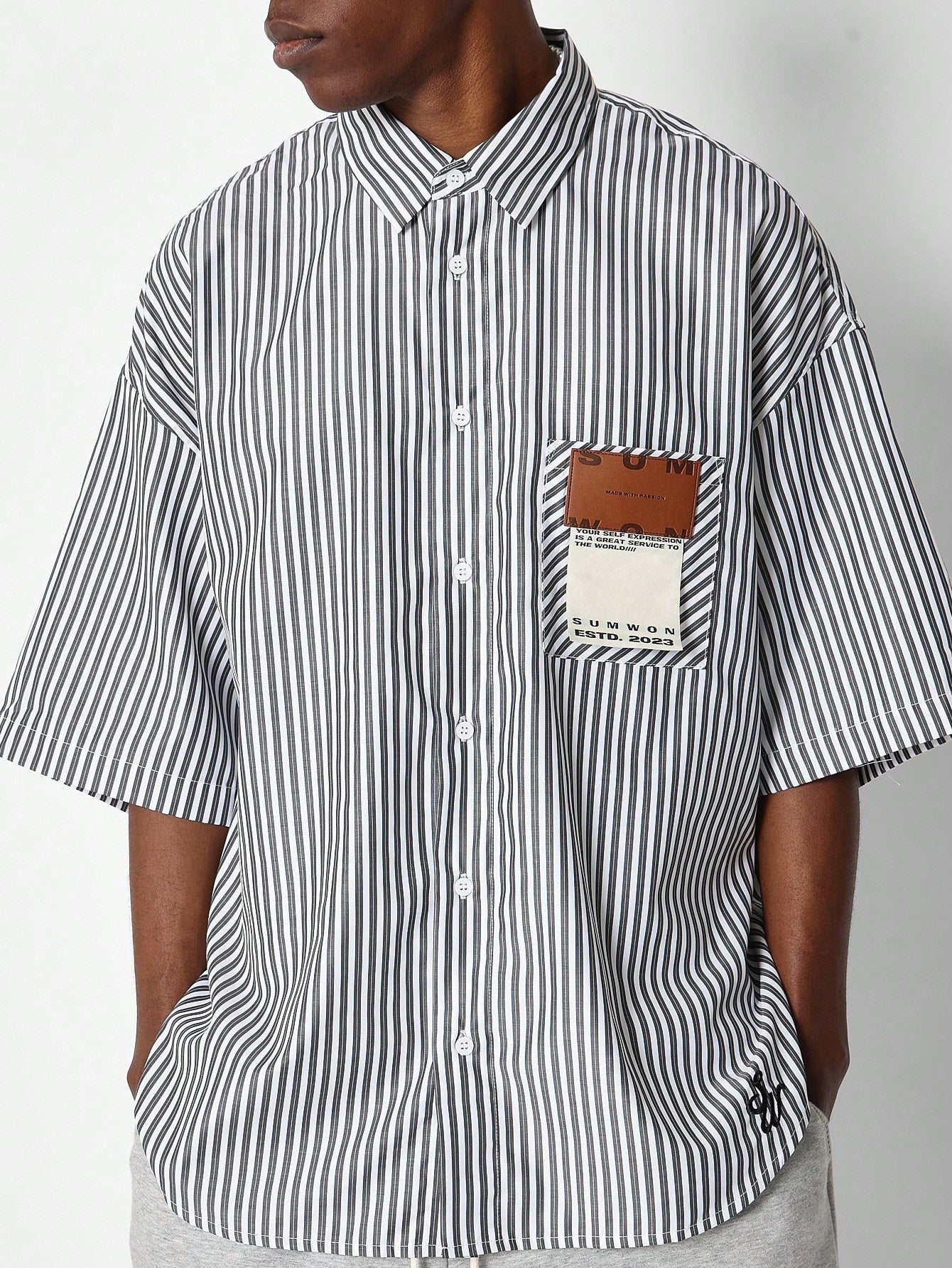 Oversized Fit Pinstripe Poplin Shirt With Badge Pocket