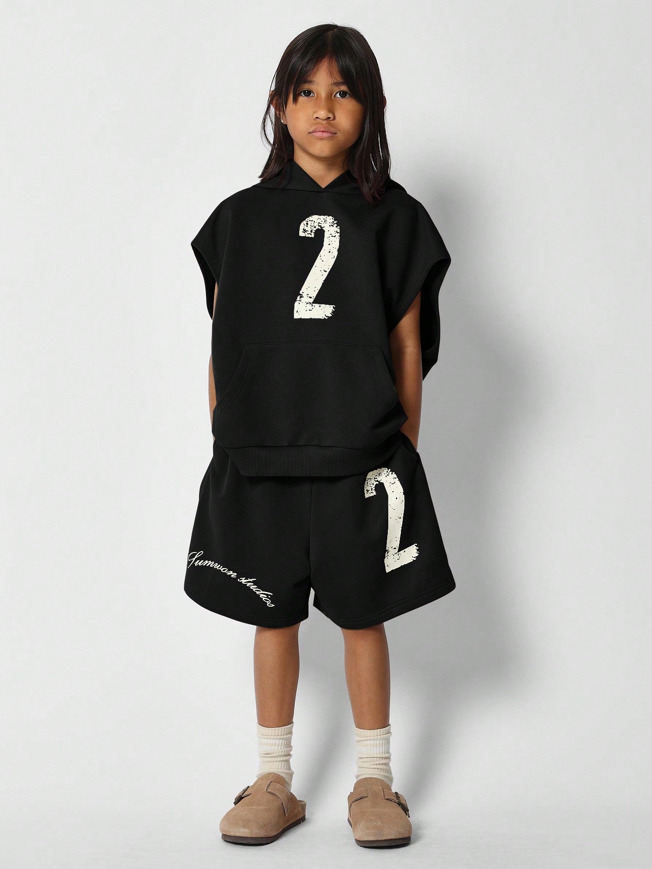 Tween Girls Sleeveless Overhead Hoodie And Short With Number Print 2 Piece Set