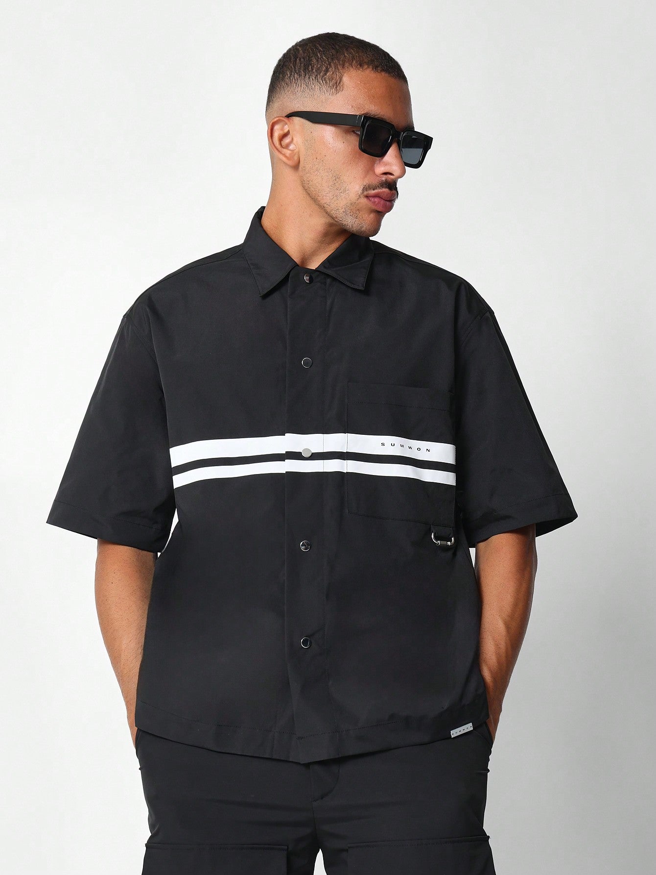 Boxy Fit Nylon Shirt With Stripe Detail & Number 4 Graphic Print