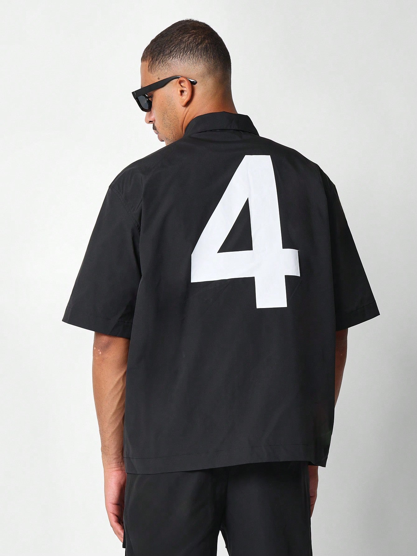 Boxy Fit Nylon Shirt With Stripe Detail & Number 4 Graphic Print