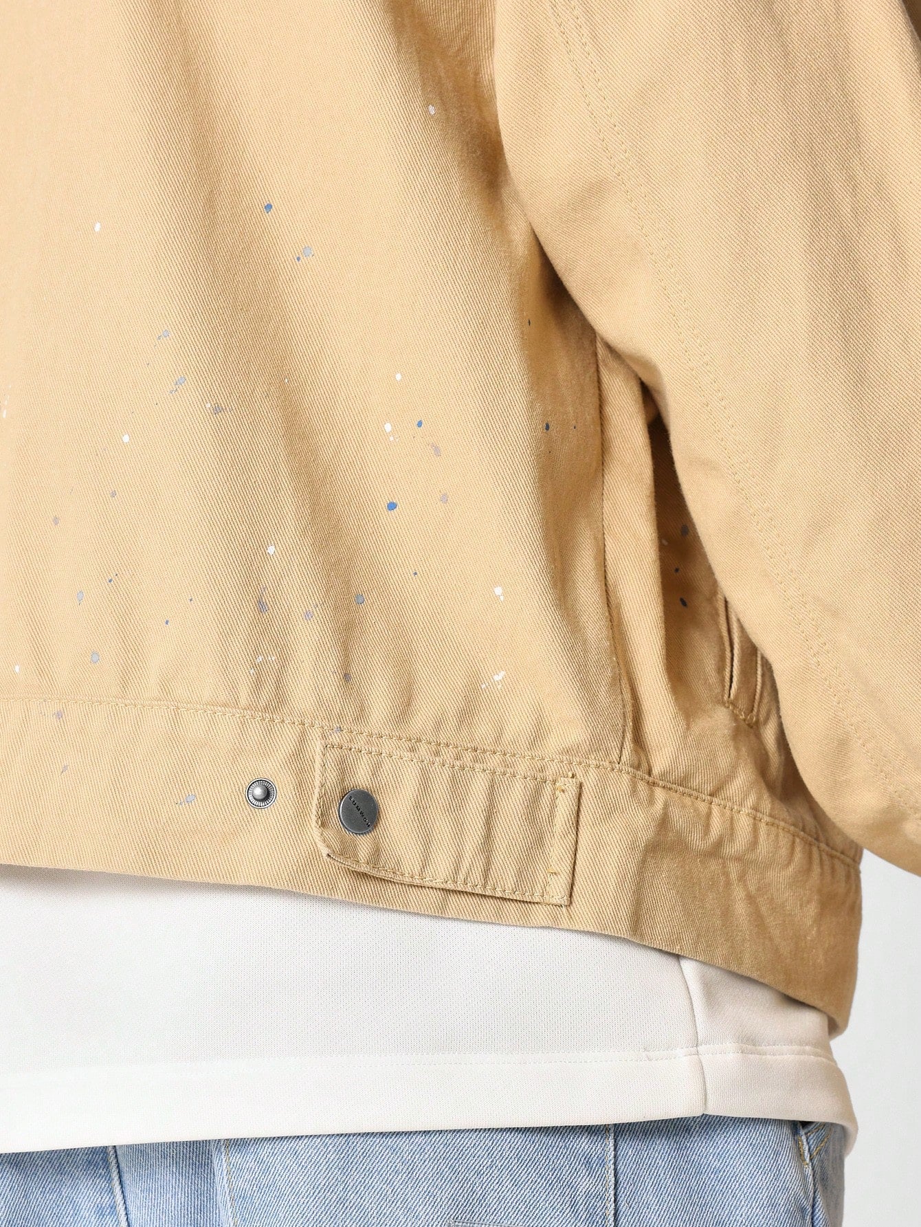 Mid Washed Workwear Zip Through Denim Jacket With Contrast Collar & Splatter Paint