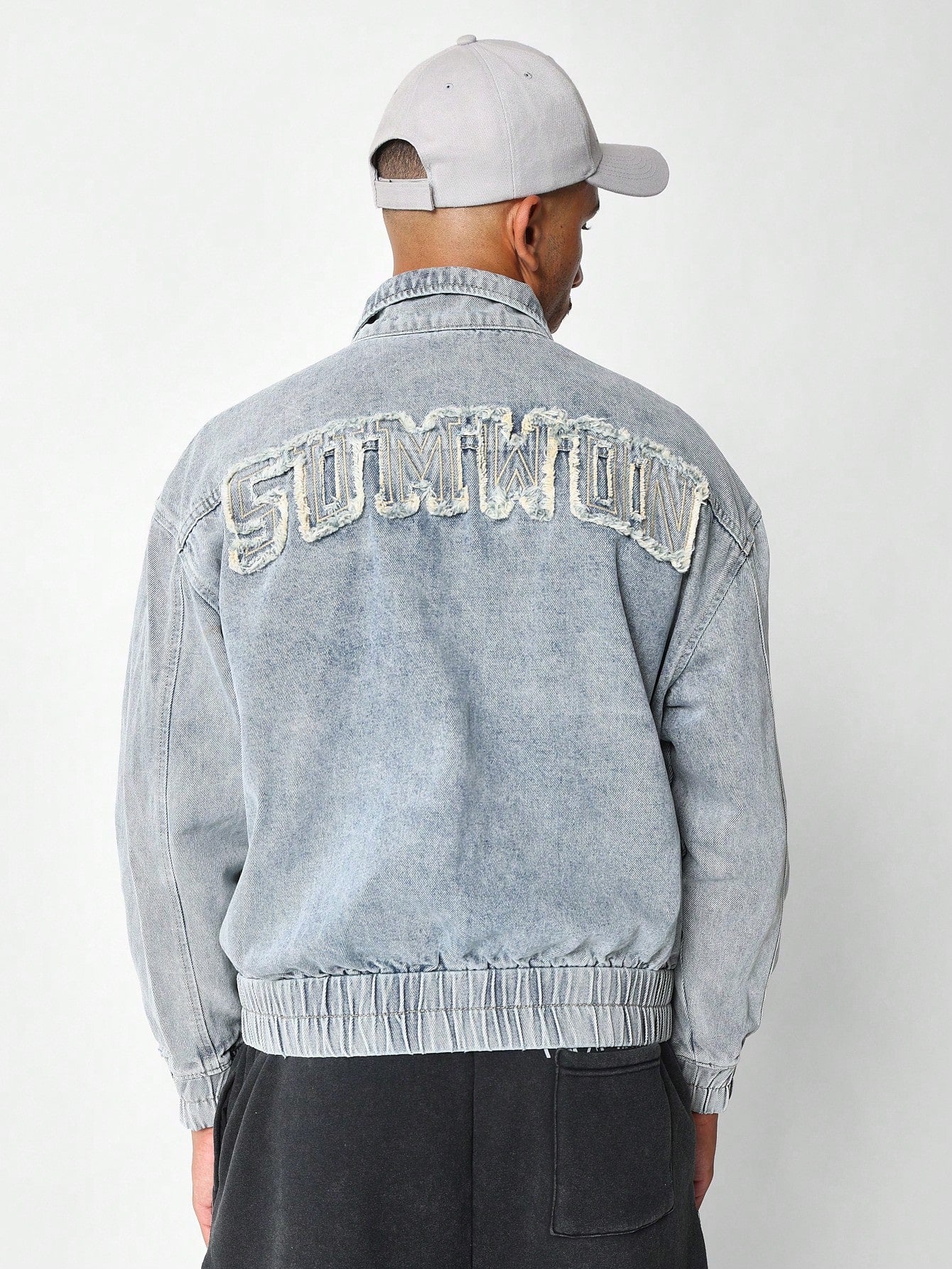 Bomber Denim Zip Through Jacket With Letter Applique Print