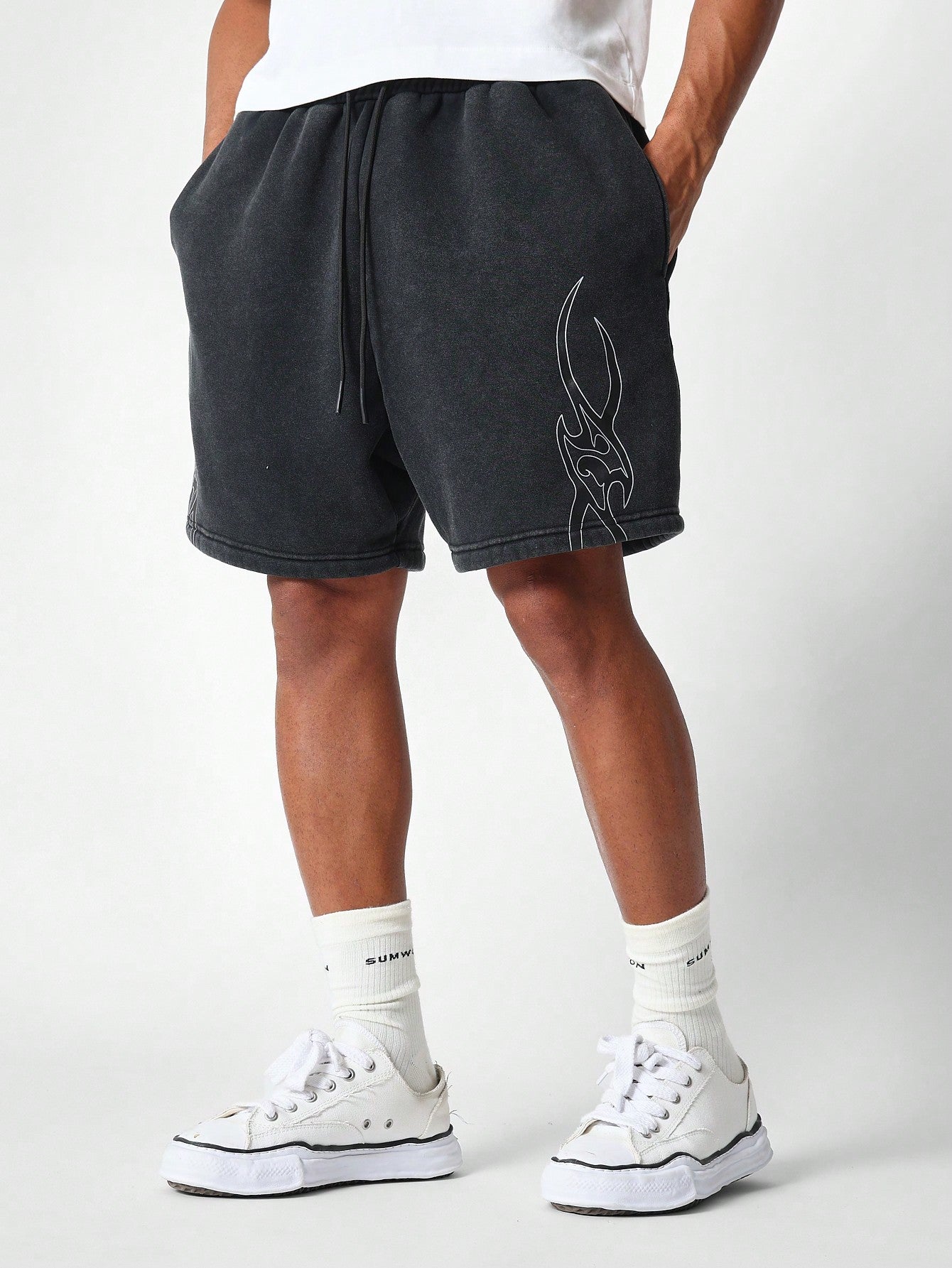 Washed Drop Crotch Short With Graphic Print