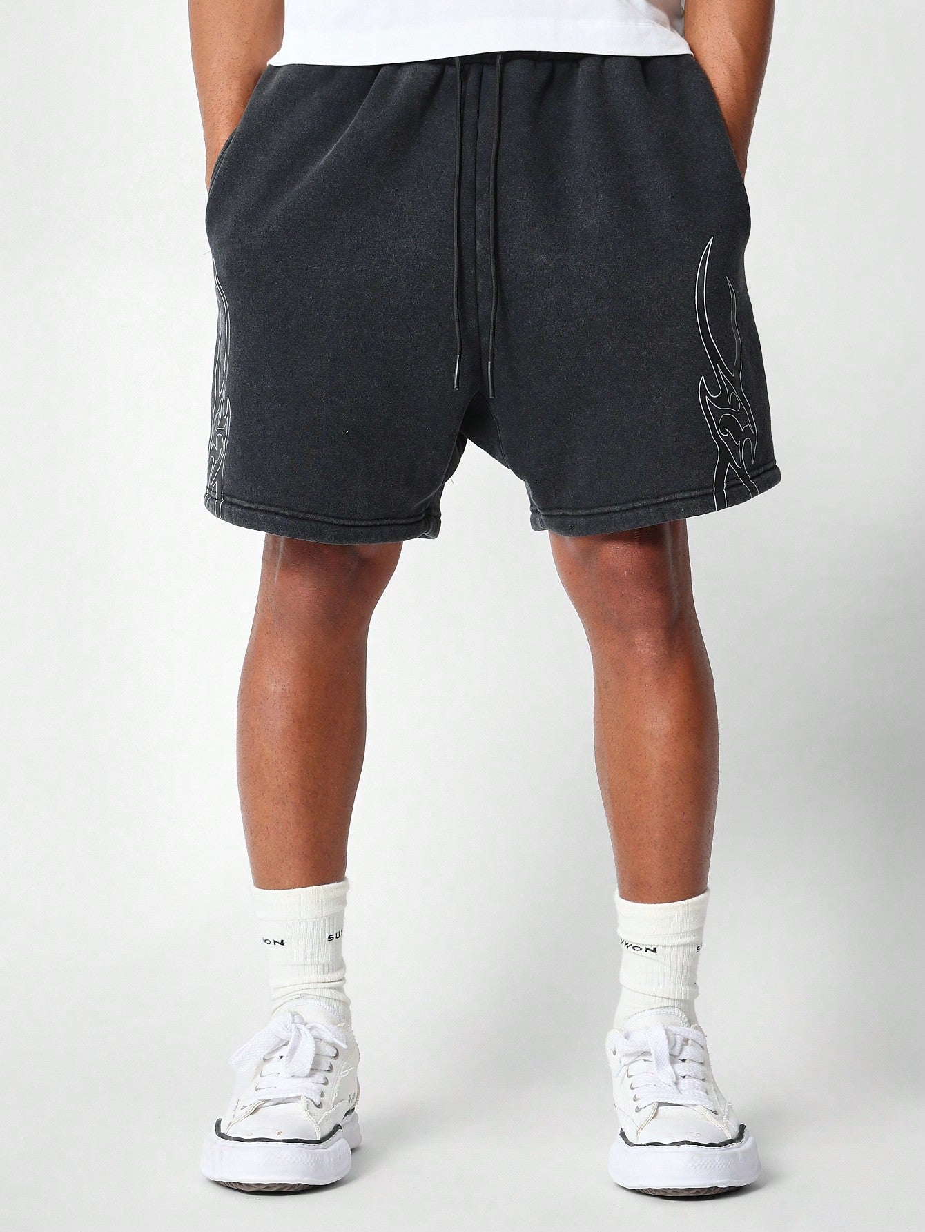 Washed Drop Crotch Short With Graphic Print