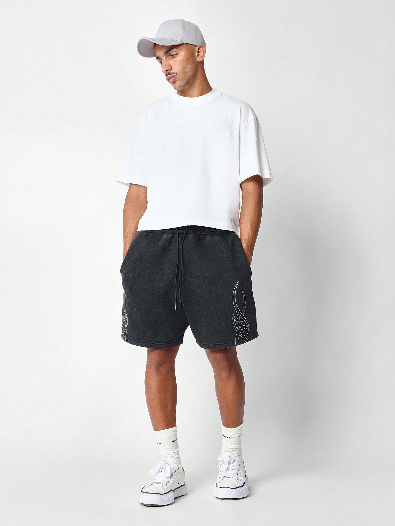 Washed Drop Crotch Short With Graphic Print