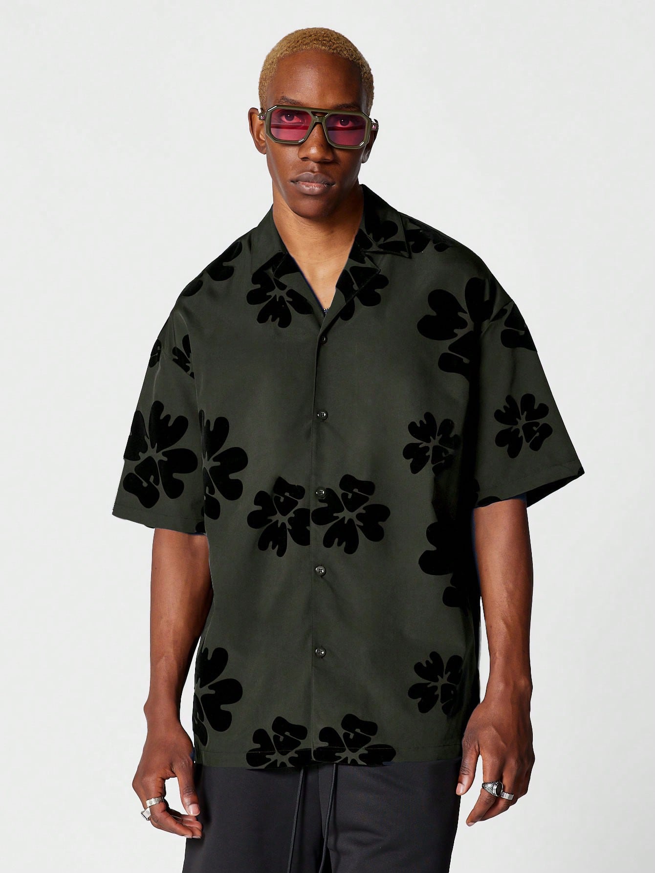 Revere Collar Shirt With All Over Flock Graphic Print