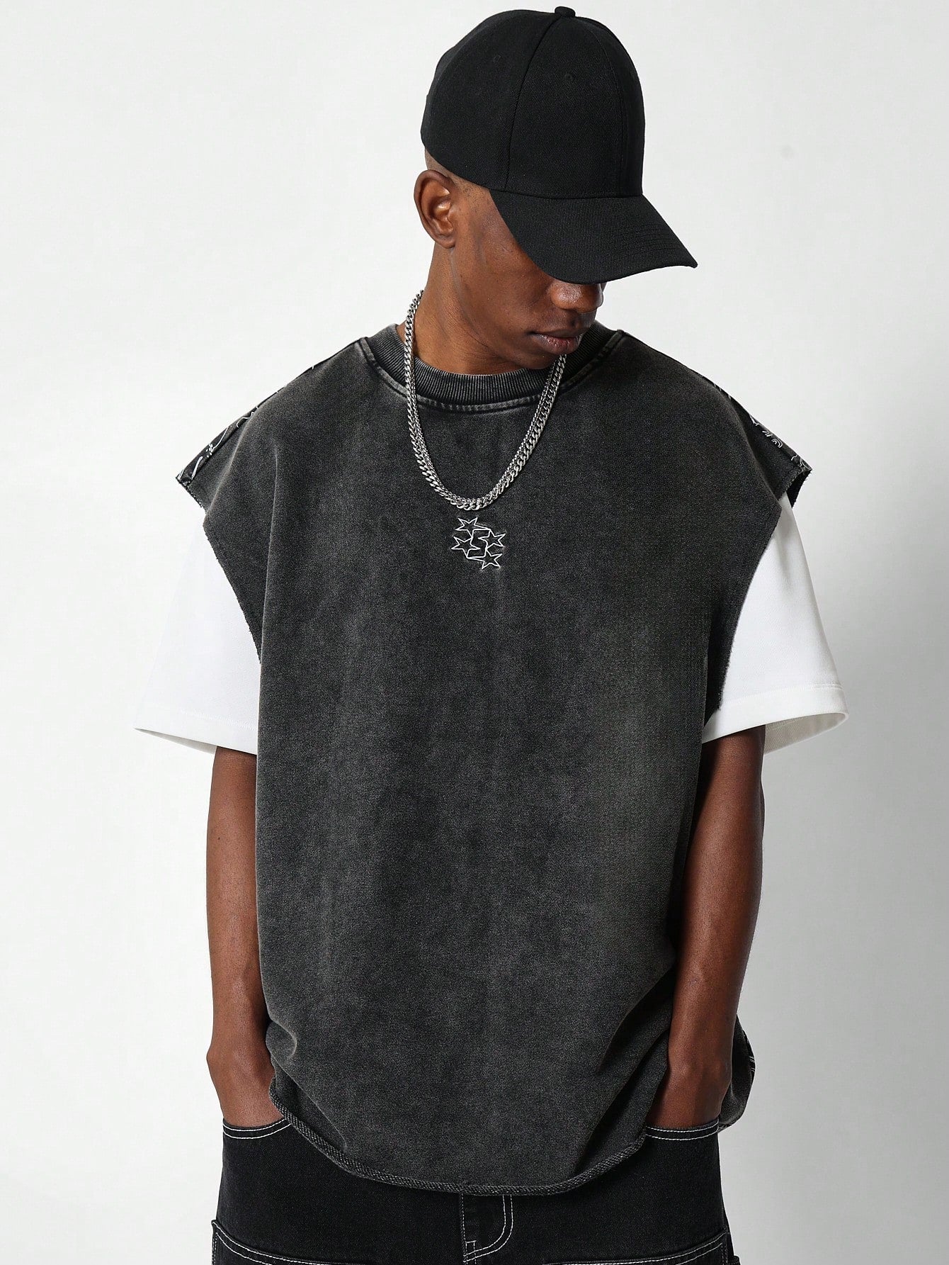 Boxy Raw Edge Washed Tank Top With Back Dragon Graphic Print