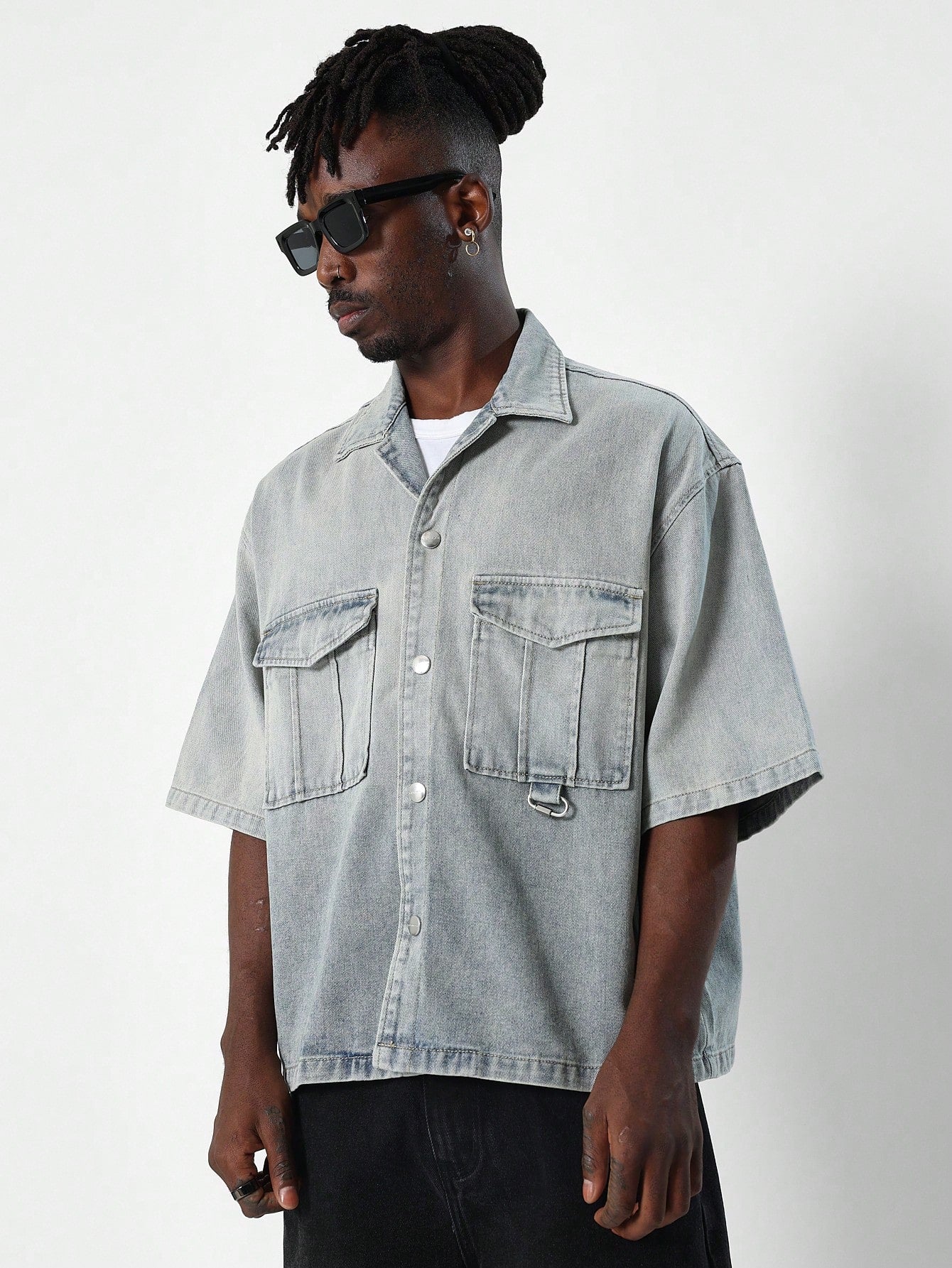 Boxy Fit Washed Denim Shirt With PU Patch