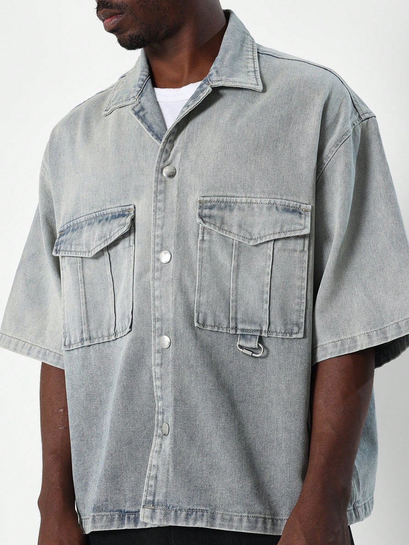 Boxy Fit Washed Denim Shirt With PU Patch