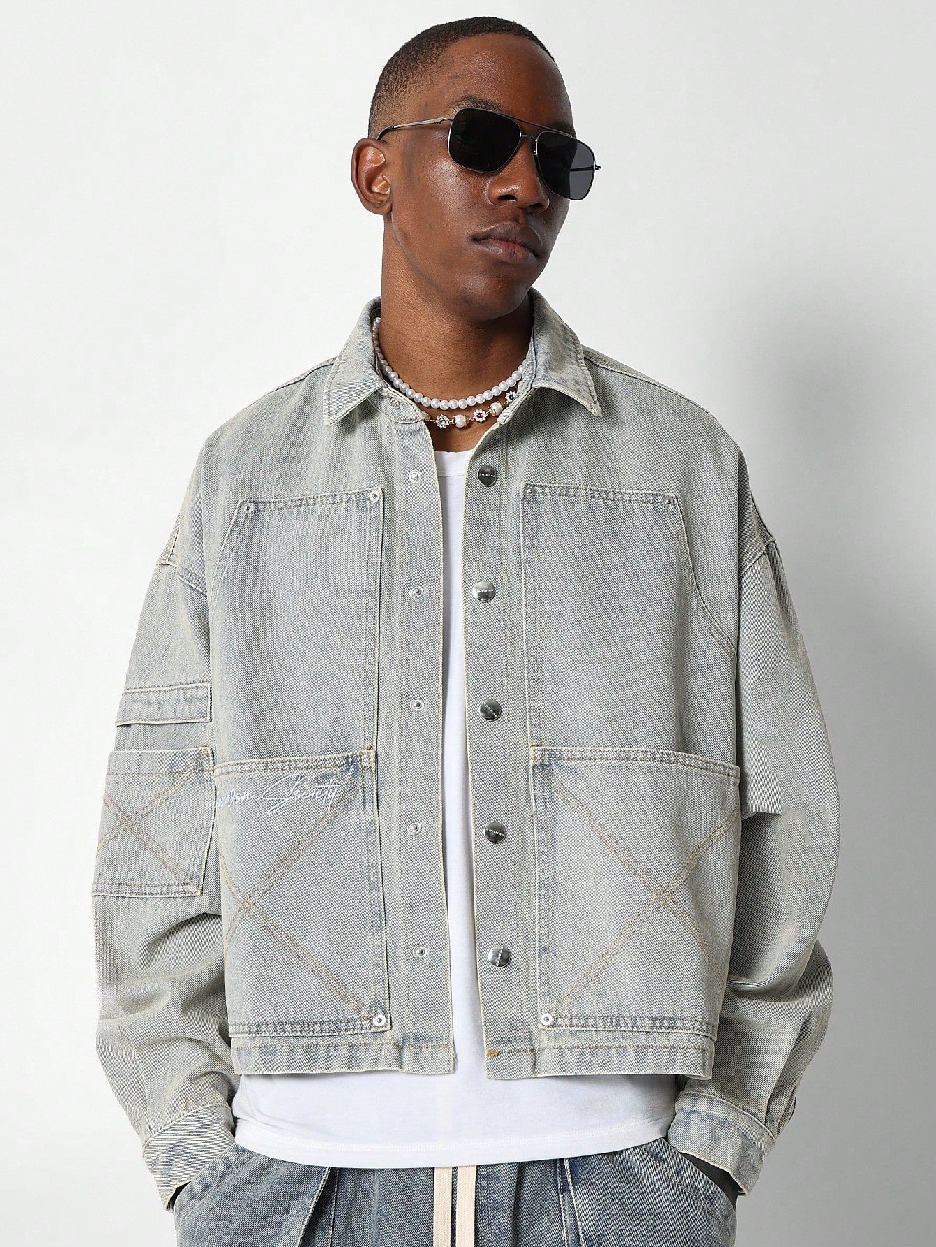 Washed Boxy Fit Denim Carpenter Shirt With Patch Label