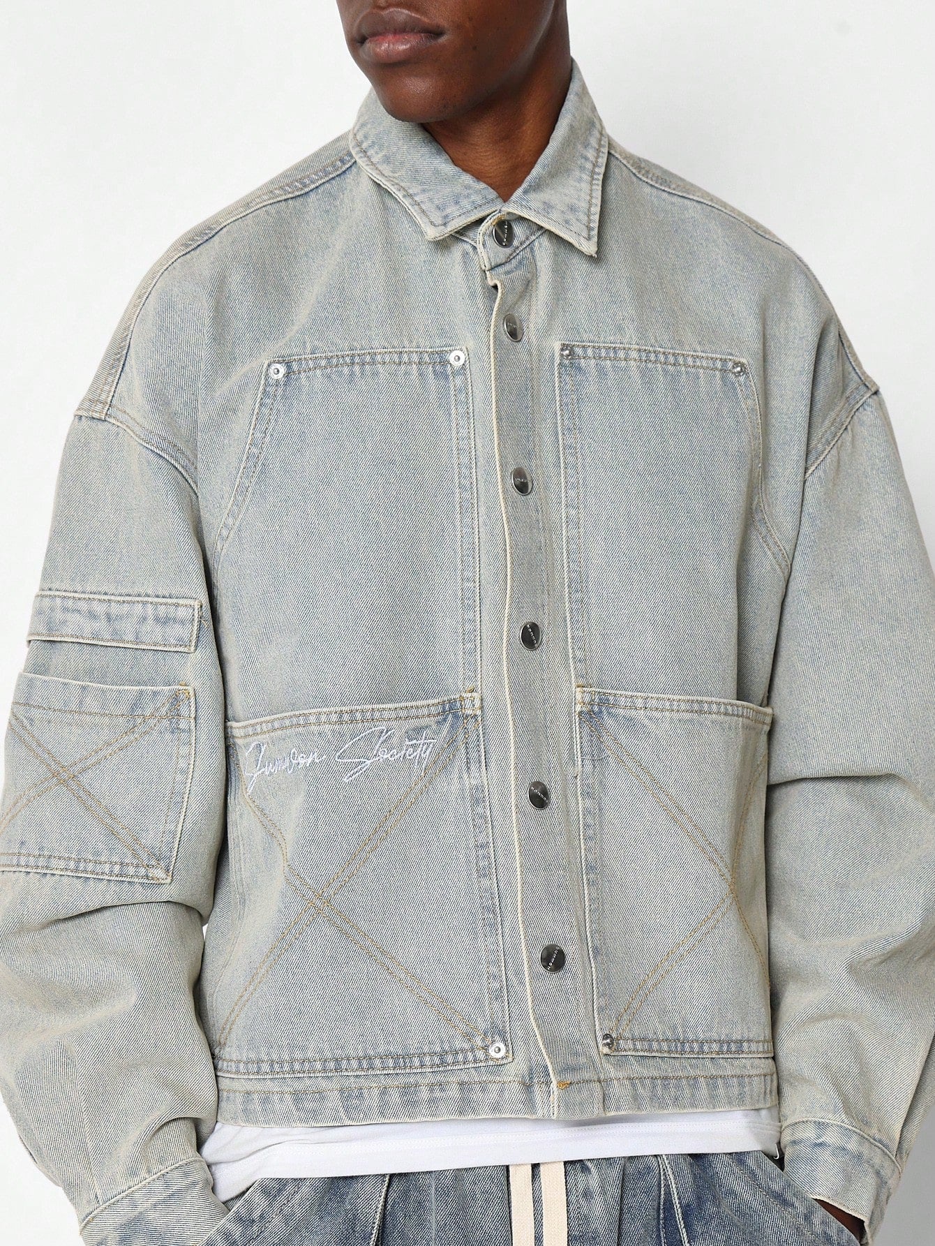 Washed Boxy Fit Denim Carpenter Shirt With Patch Label