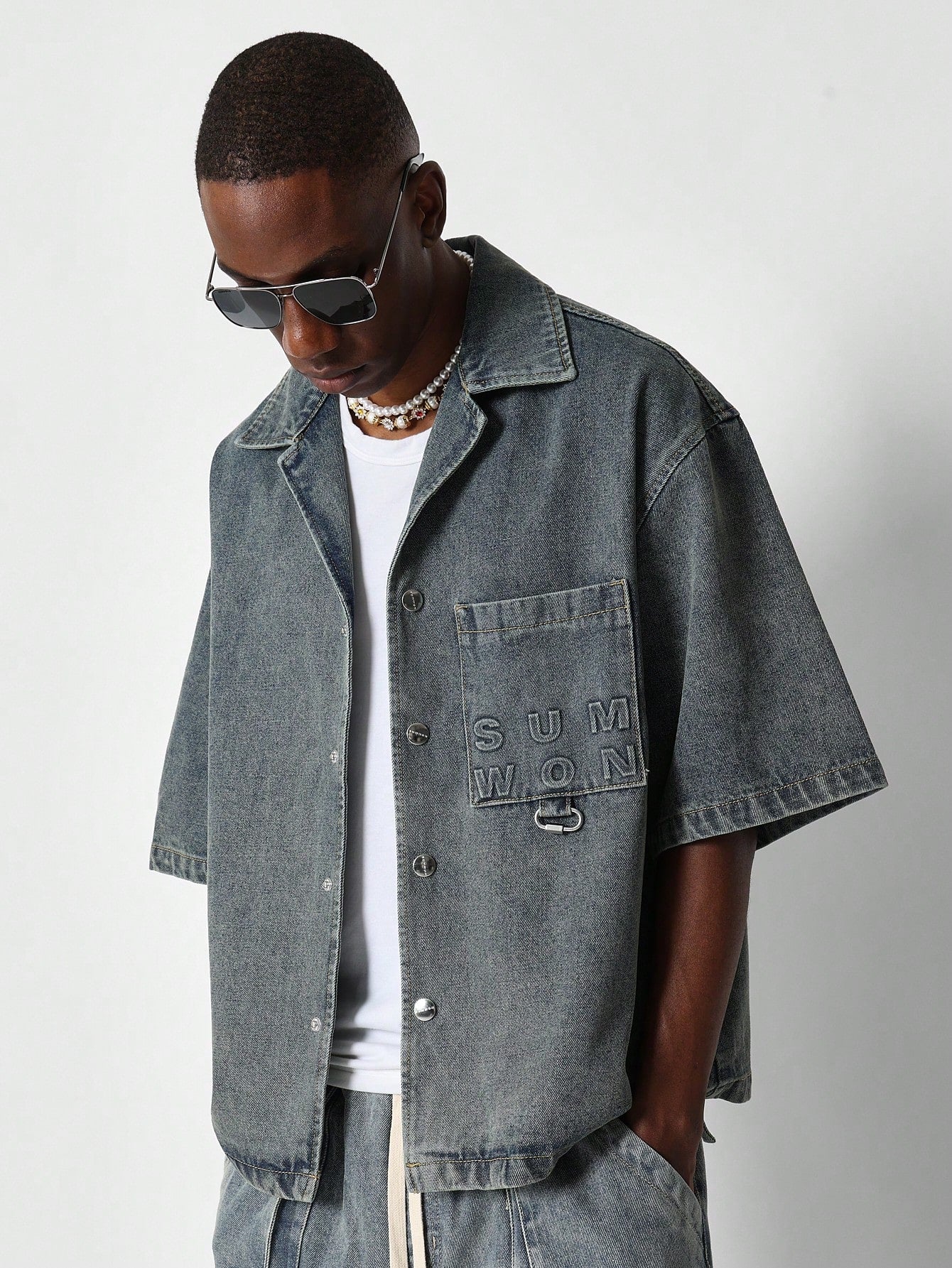 Boxy Fit Denim Shirt With Embossed Print & Branded Label