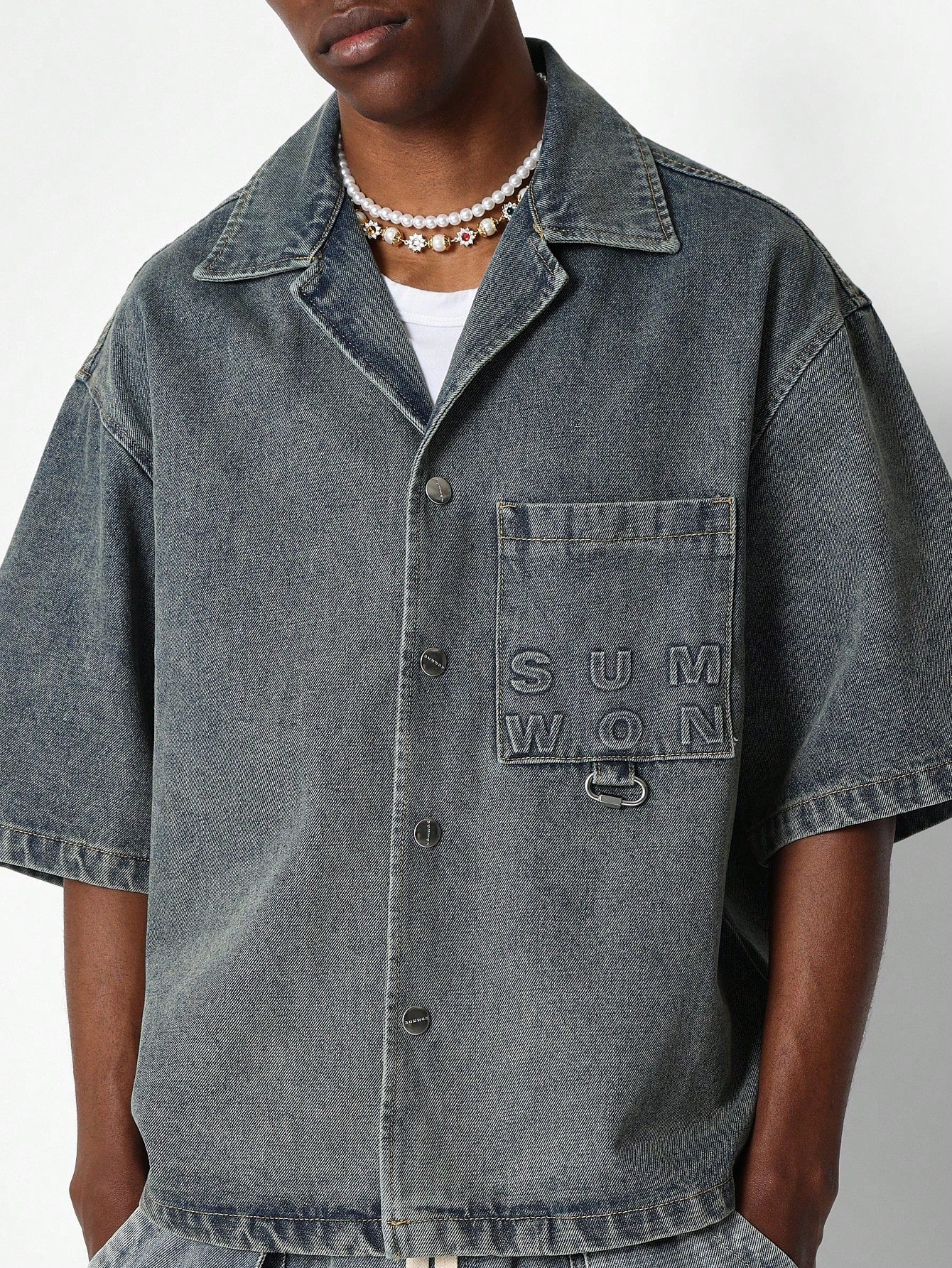 Boxy Fit Denim Shirt With Embossed Print & Branded Label