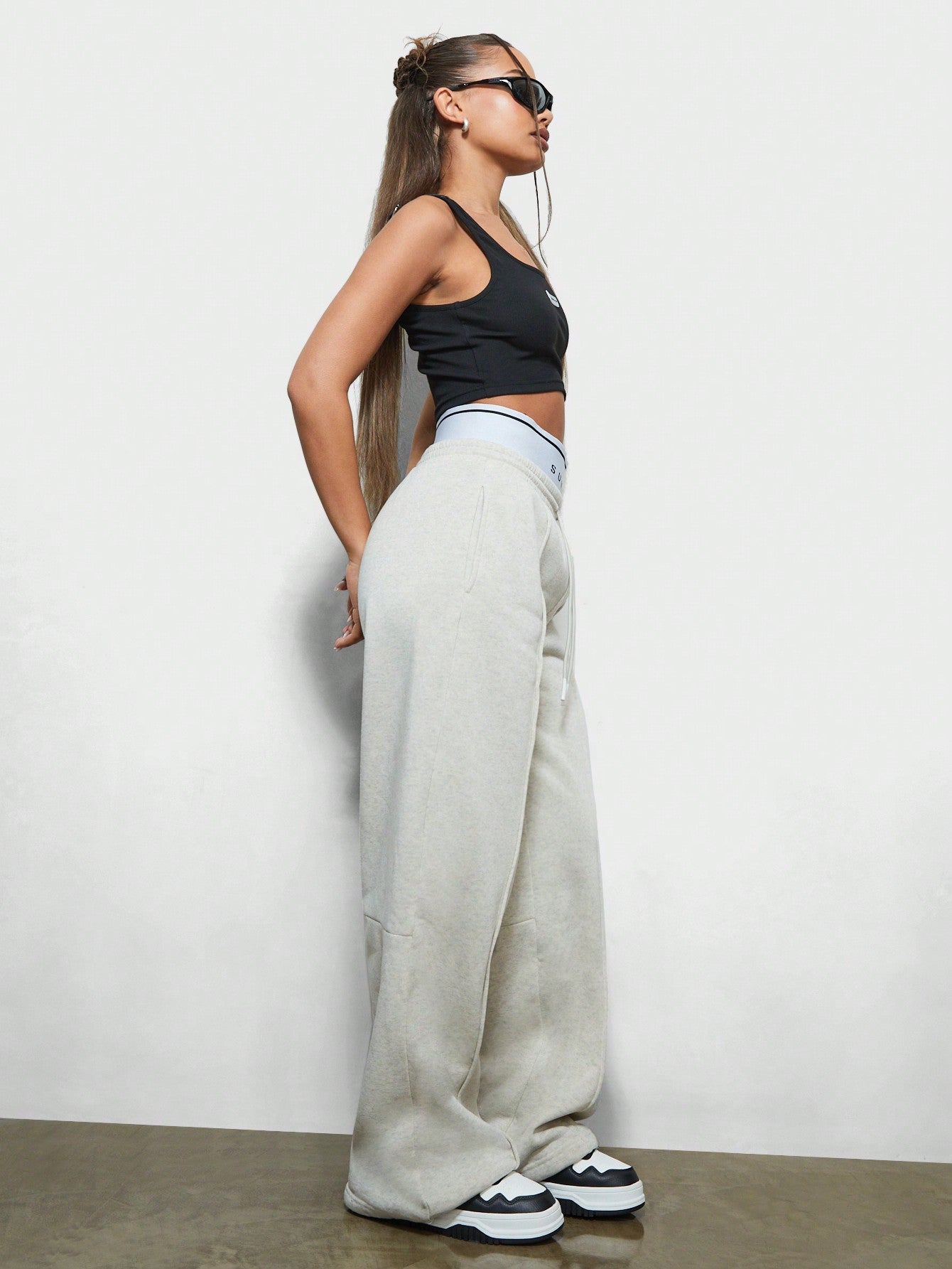 SUMWON WOMEN Straight Leg Sweatpants With Boxer Waistband & Pintucks Detail