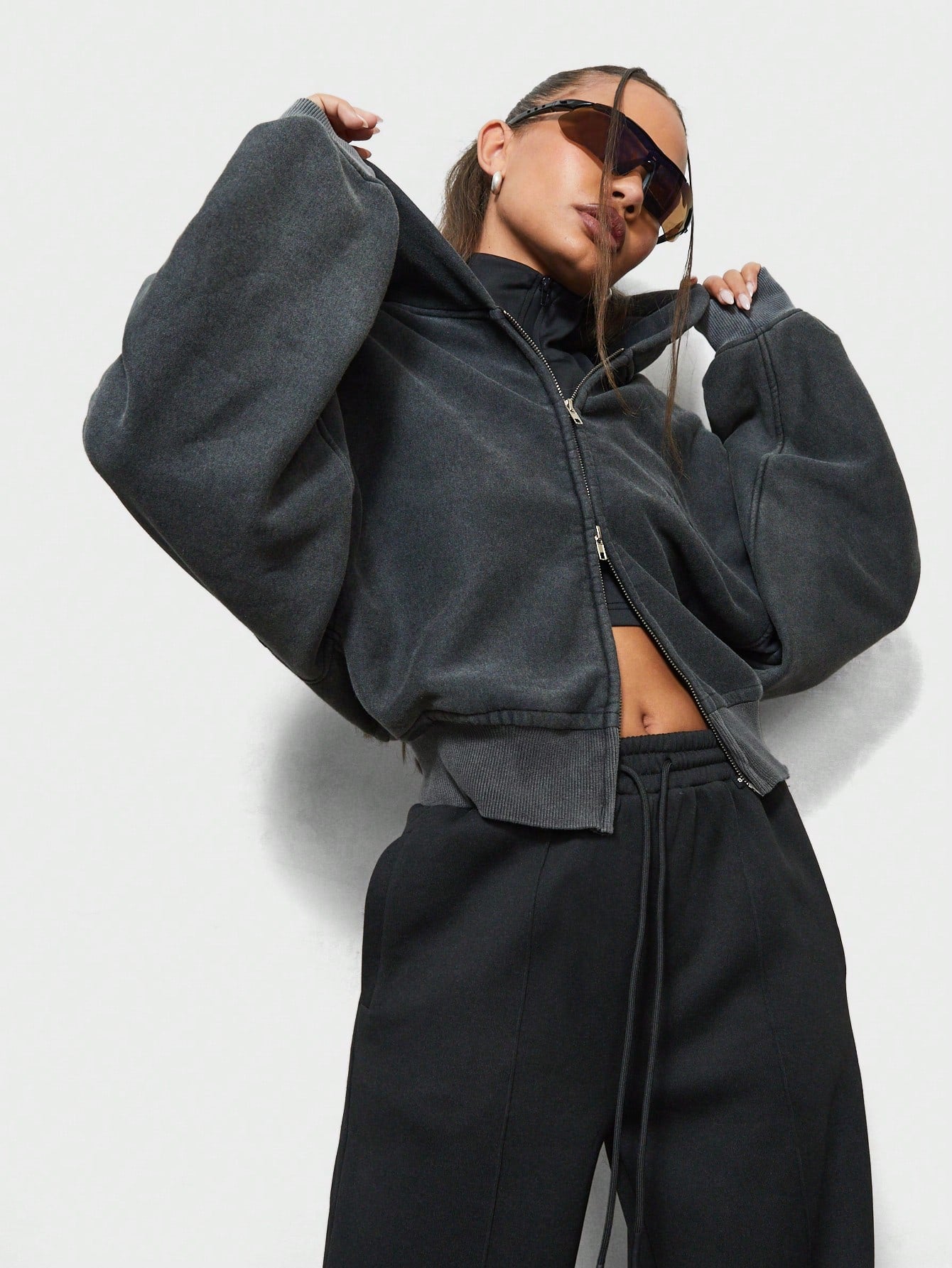 SUMWON WOMEN Washed Cropped Zip Through Hoodie