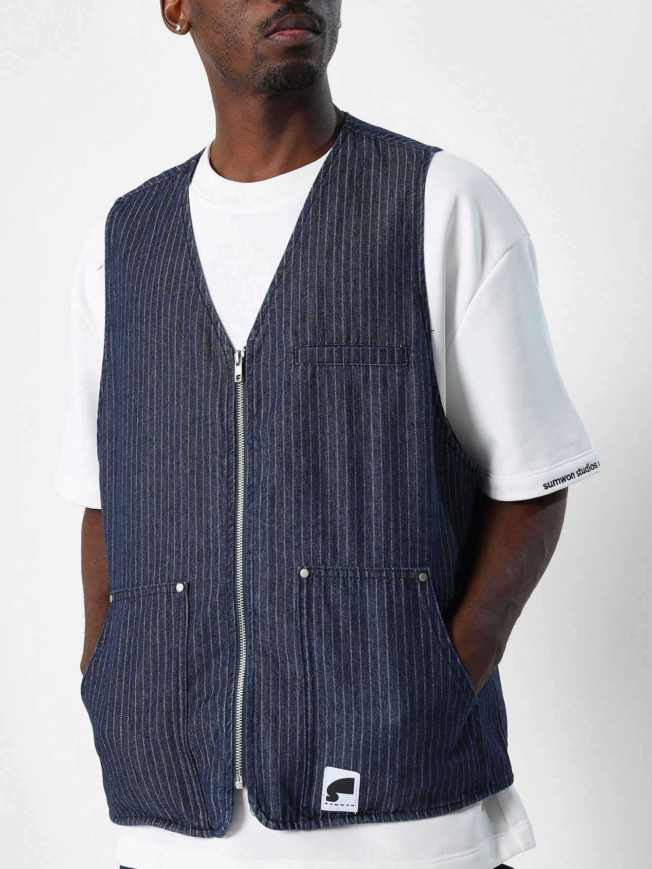 Stripe Zip-Up Denim Gilet