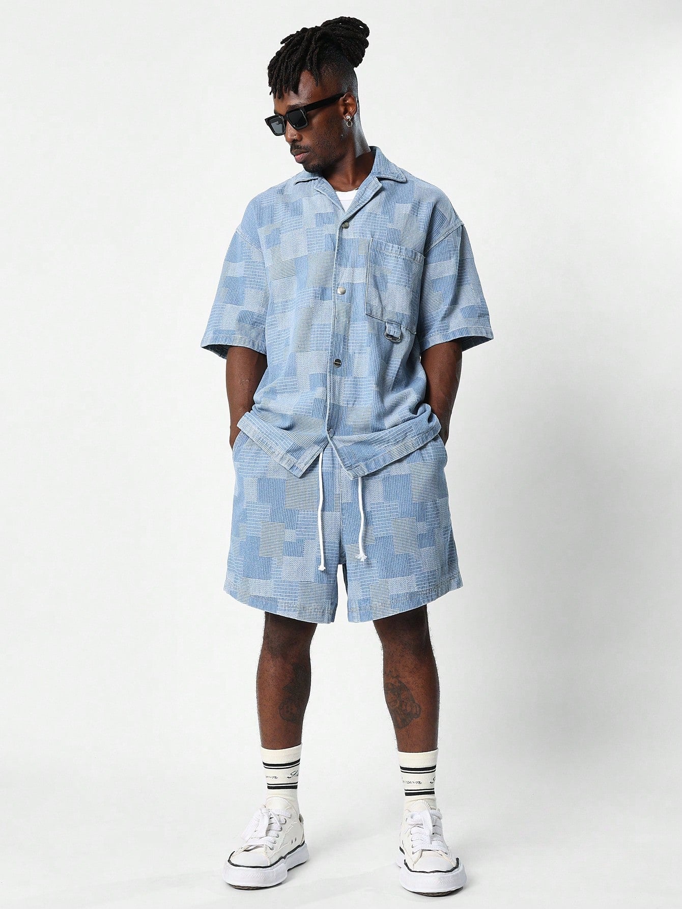 Textured Checked Denim Shirt And Short With Drawcords & PU Patch 2 Piece Set