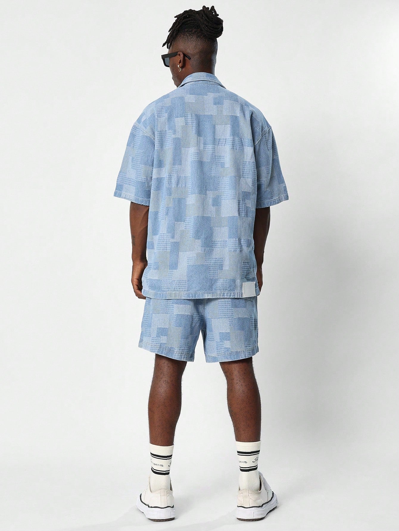 Textured Checked Denim Shirt And Short With Drawcords & PU Patch 2 Piece Set