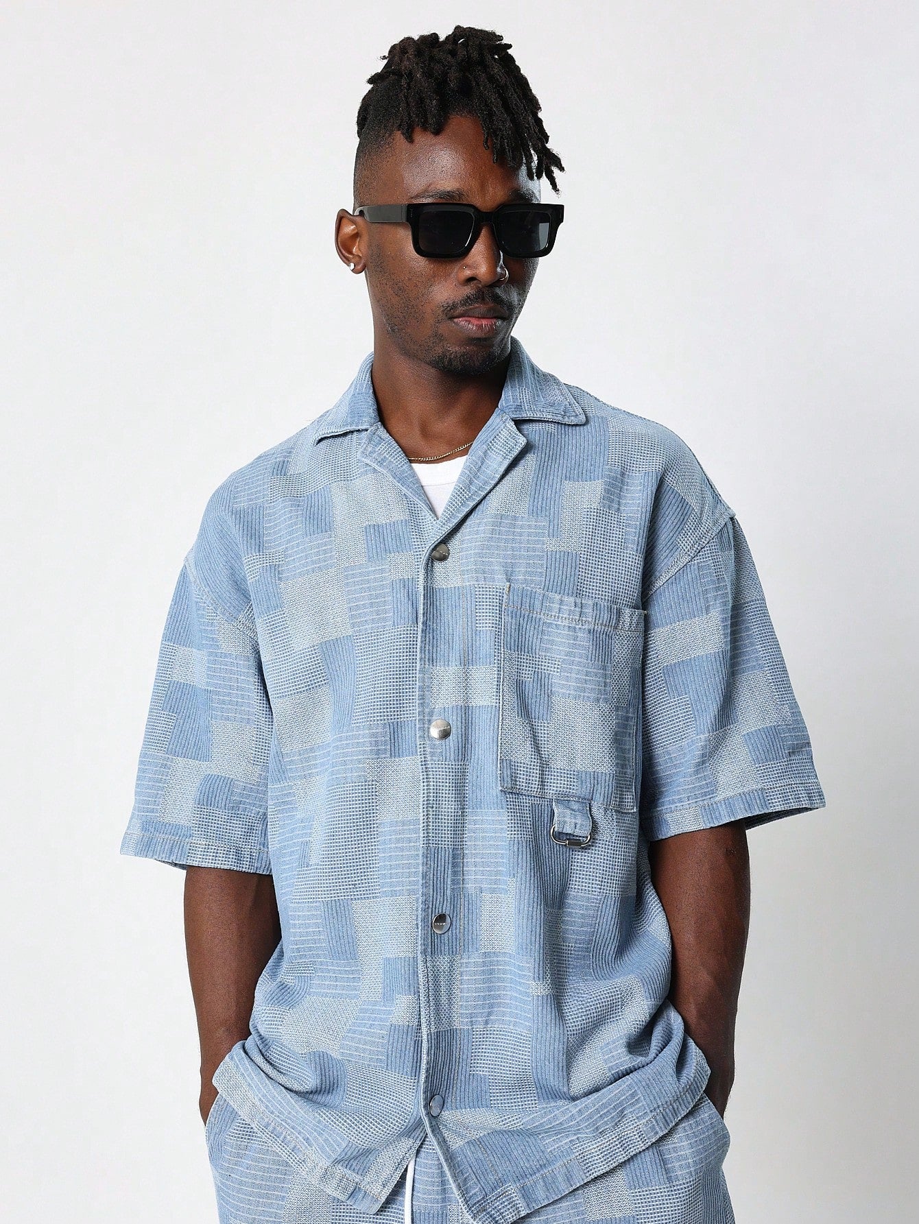 Textured Checked Denim Shirt And Short With Drawcords & PU Patch 2 Piece Set