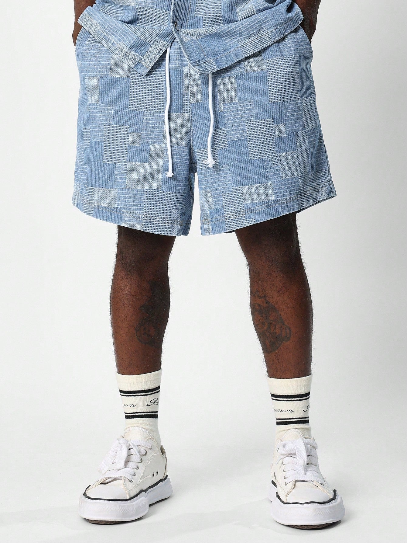 Textured Checked Denim Shirt And Short With Drawcords & PU Patch 2 Piece Set