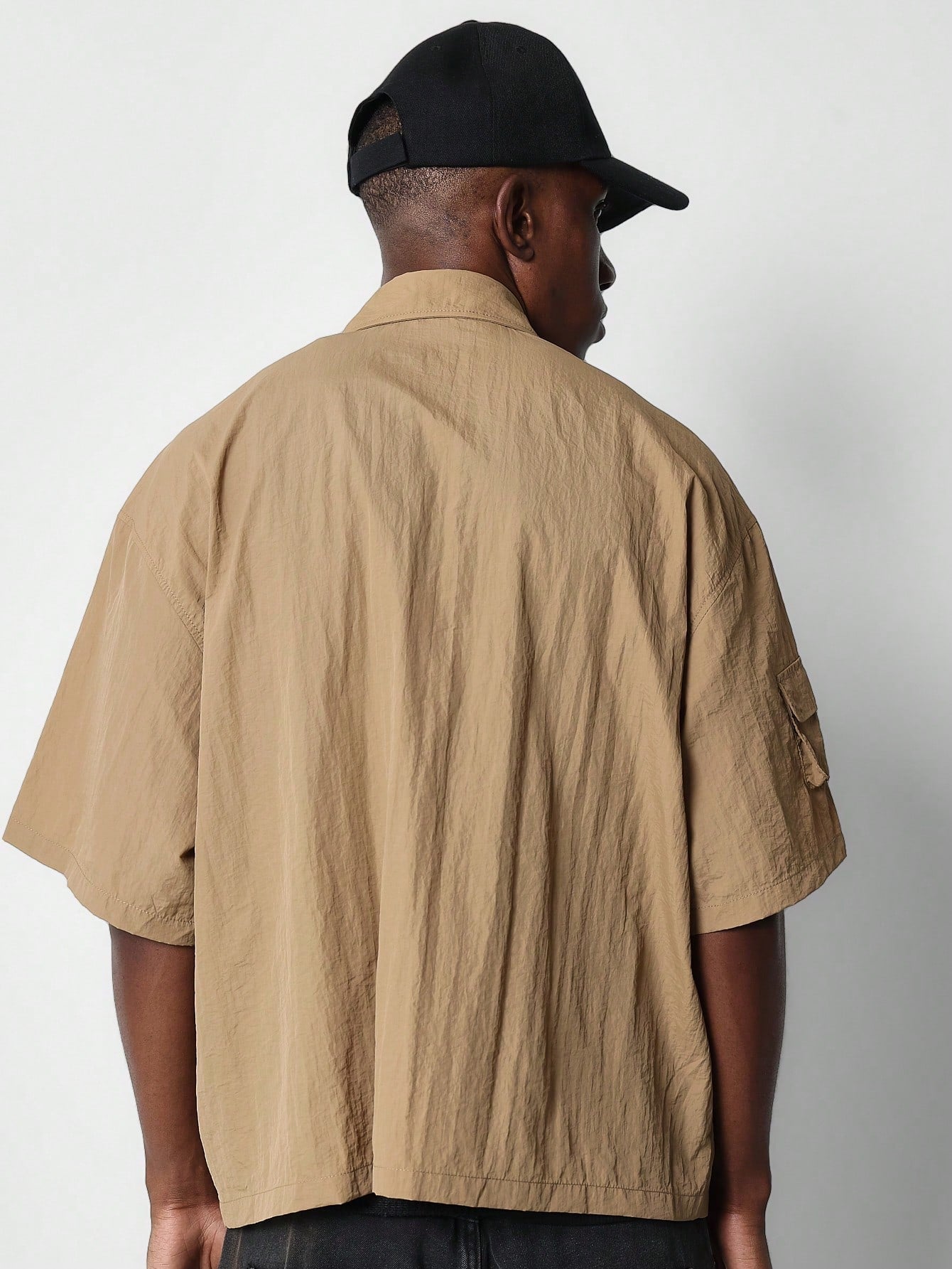 Cropped Nylon Zip Front Shirt With Pockets