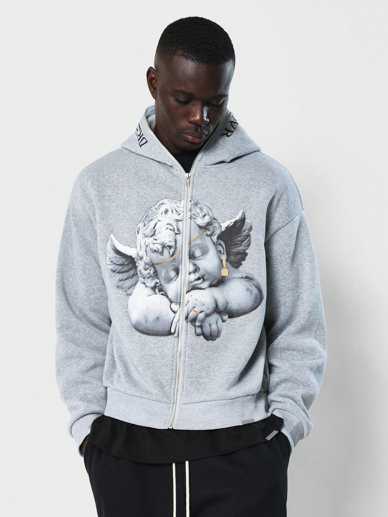 Zip Through Hoodie With Front Angel Graphic & Hood Print Detail