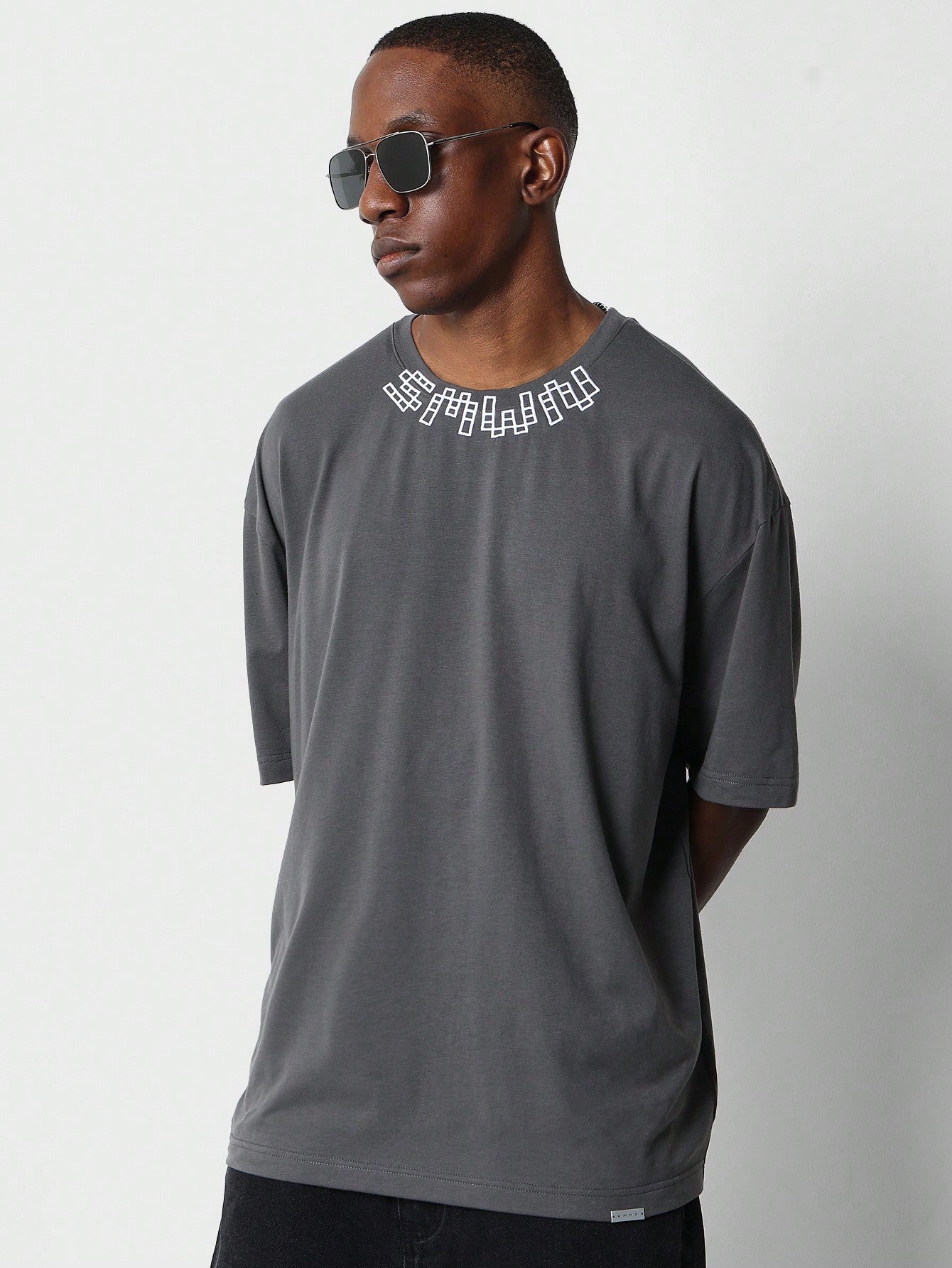 Oversized Fit Tee With Neck Print And Back Signature  Print