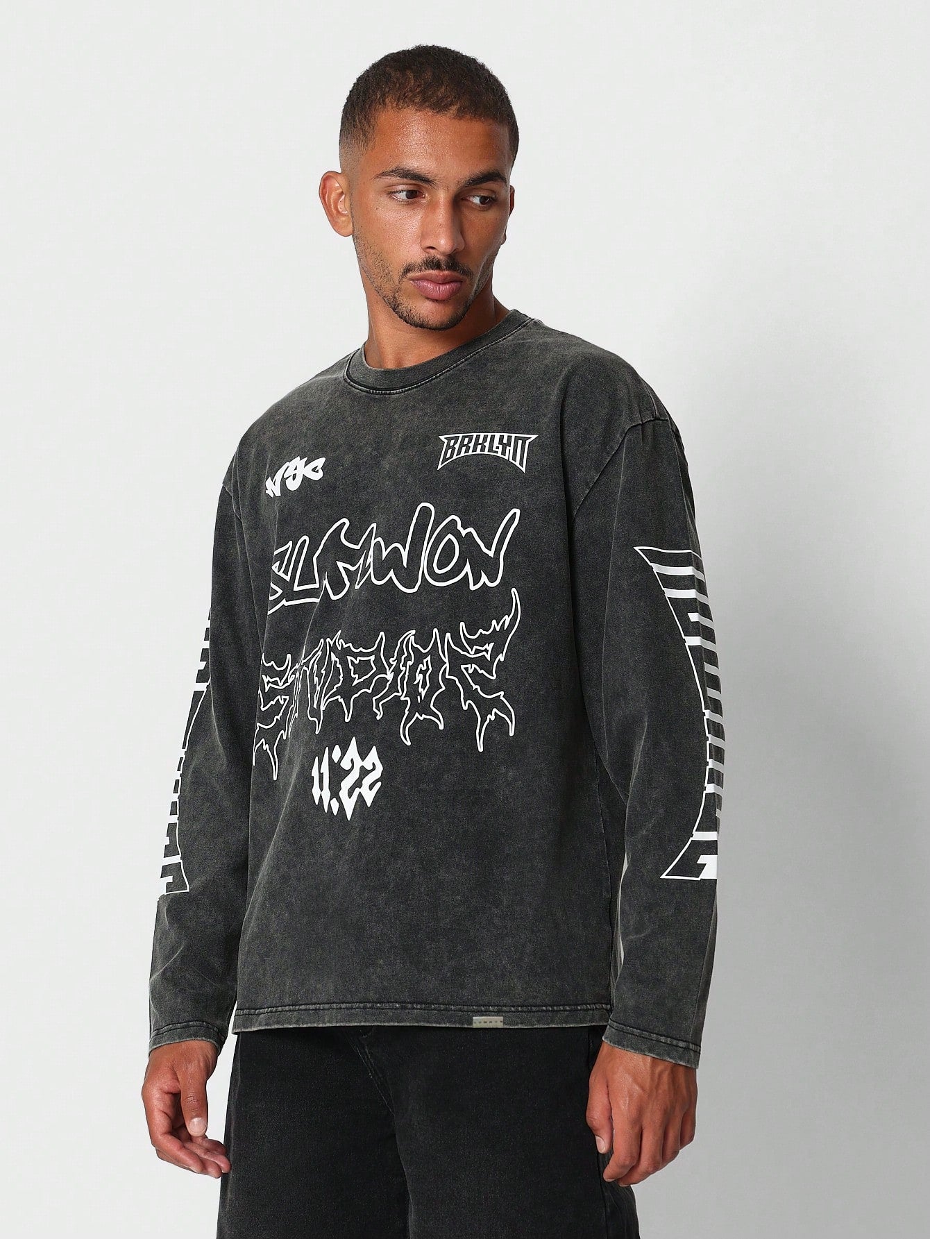 Washed Long Sleeve Tee With Grunge Graphic Print