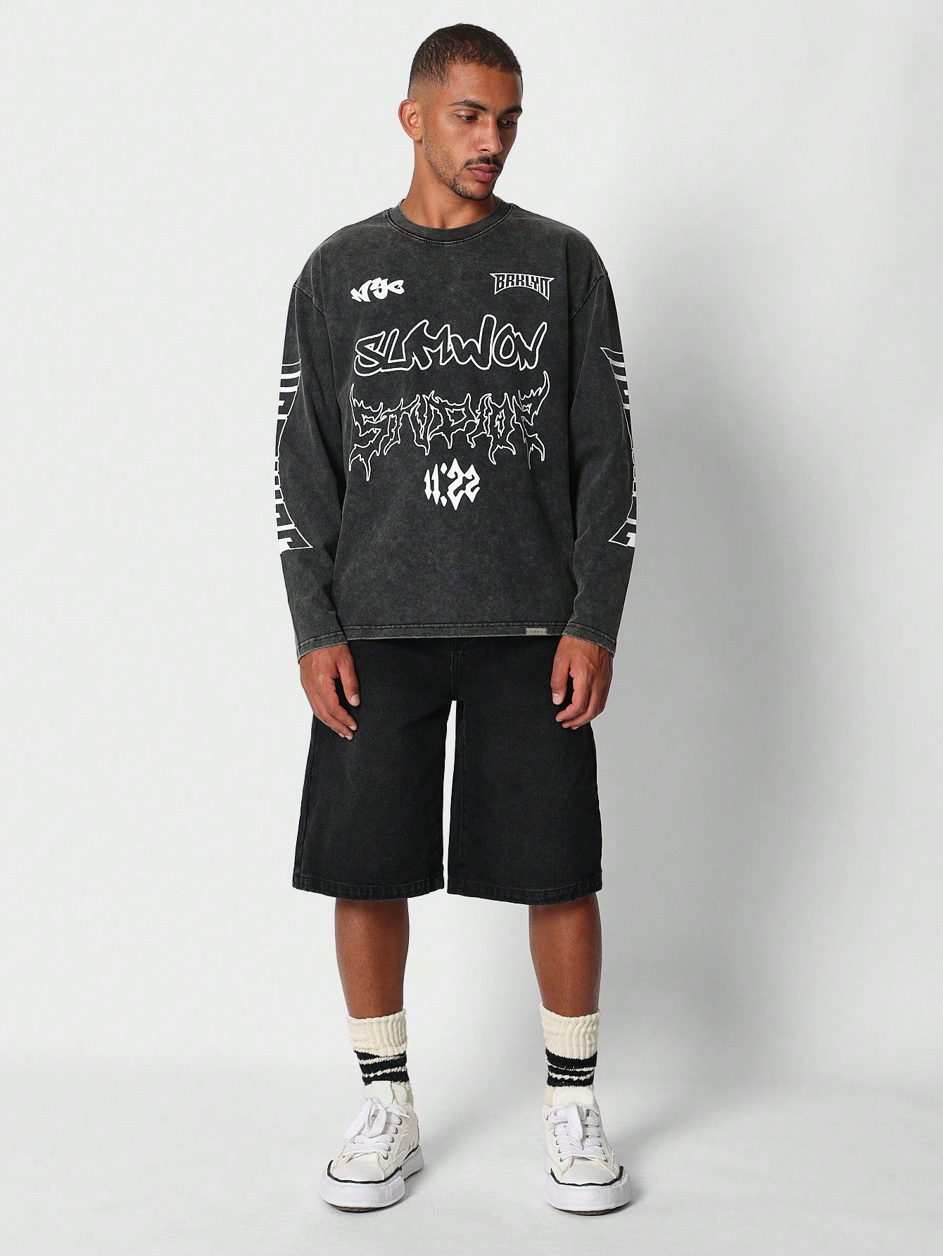 Washed Long Sleeve Tee With Grunge Graphic Print