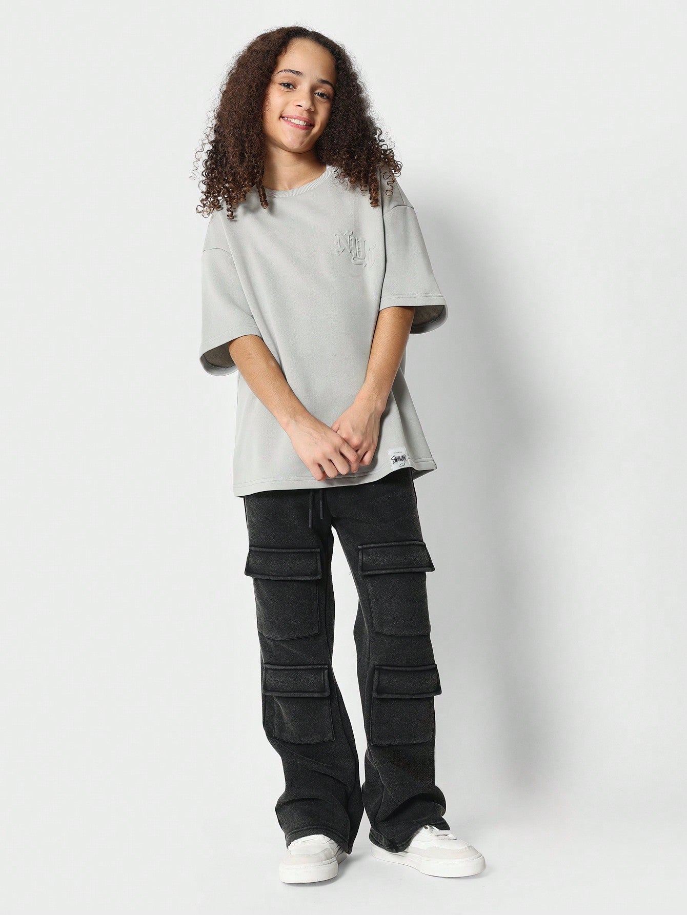 Tween Girls Oversized Drop Shoulder Tee With Back Emboss Graphic