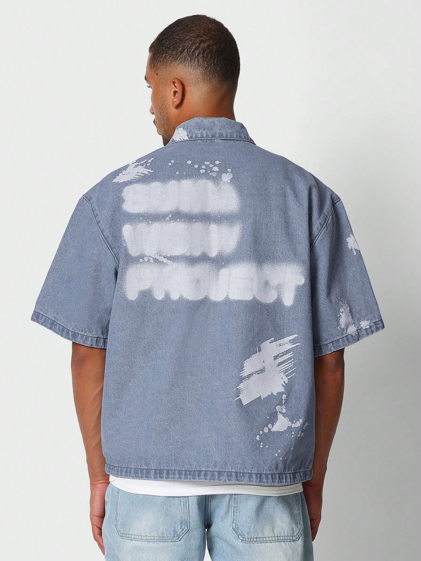 Boxy Fit Zip Through Denim Shirt With All Over Paint And Back Graphic Print