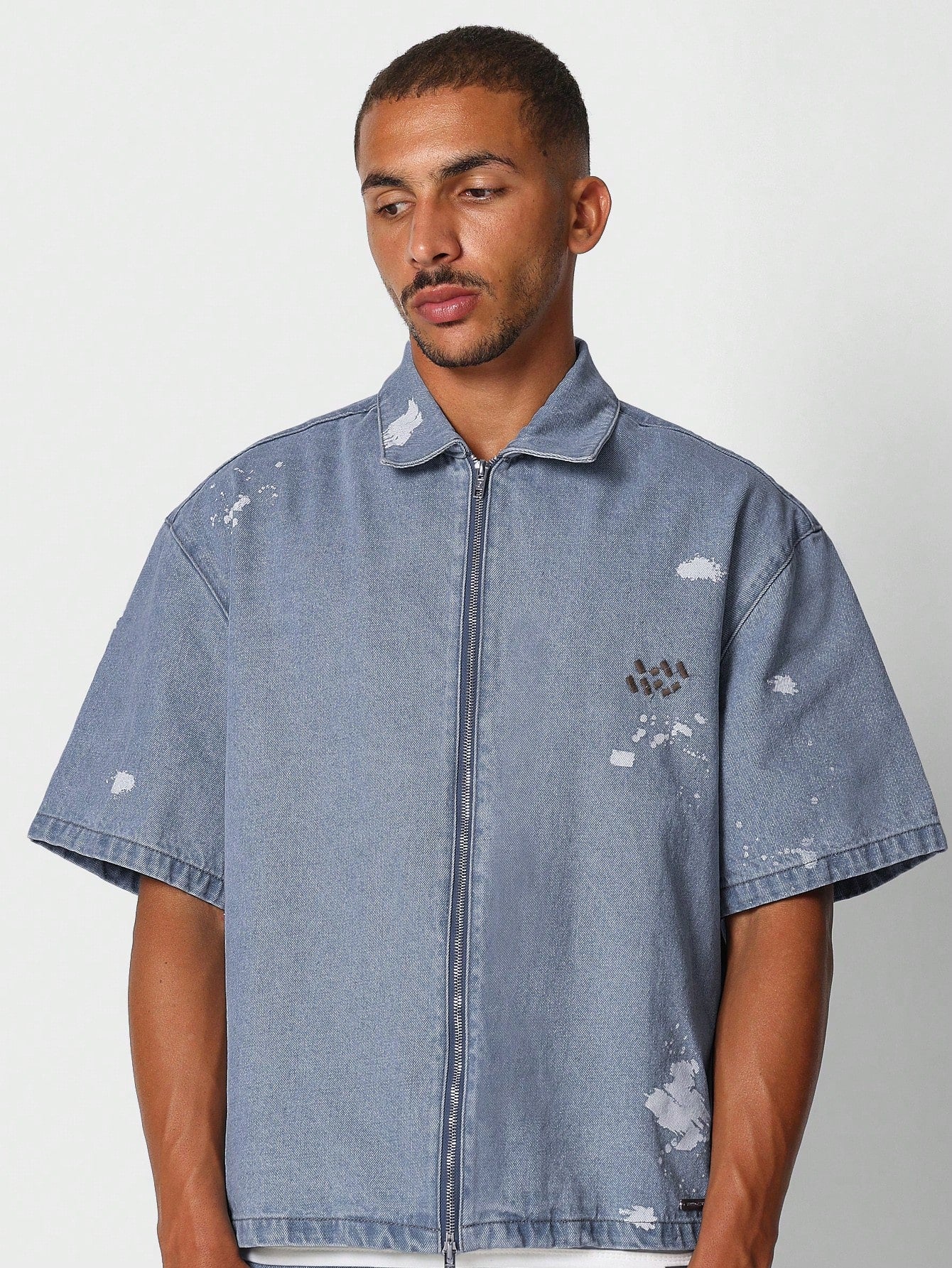 Boxy Fit Zip Through Denim Shirt With All Over Paint And Back Graphic Print