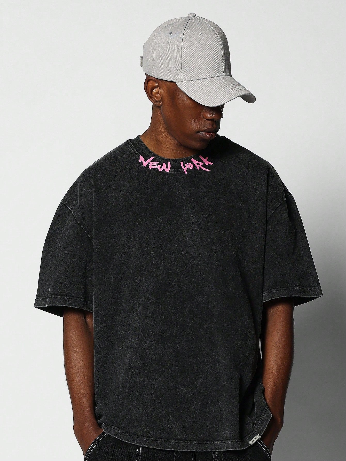 Regular Fit Washed Tee With Neck Contrast Letter Graphic Print